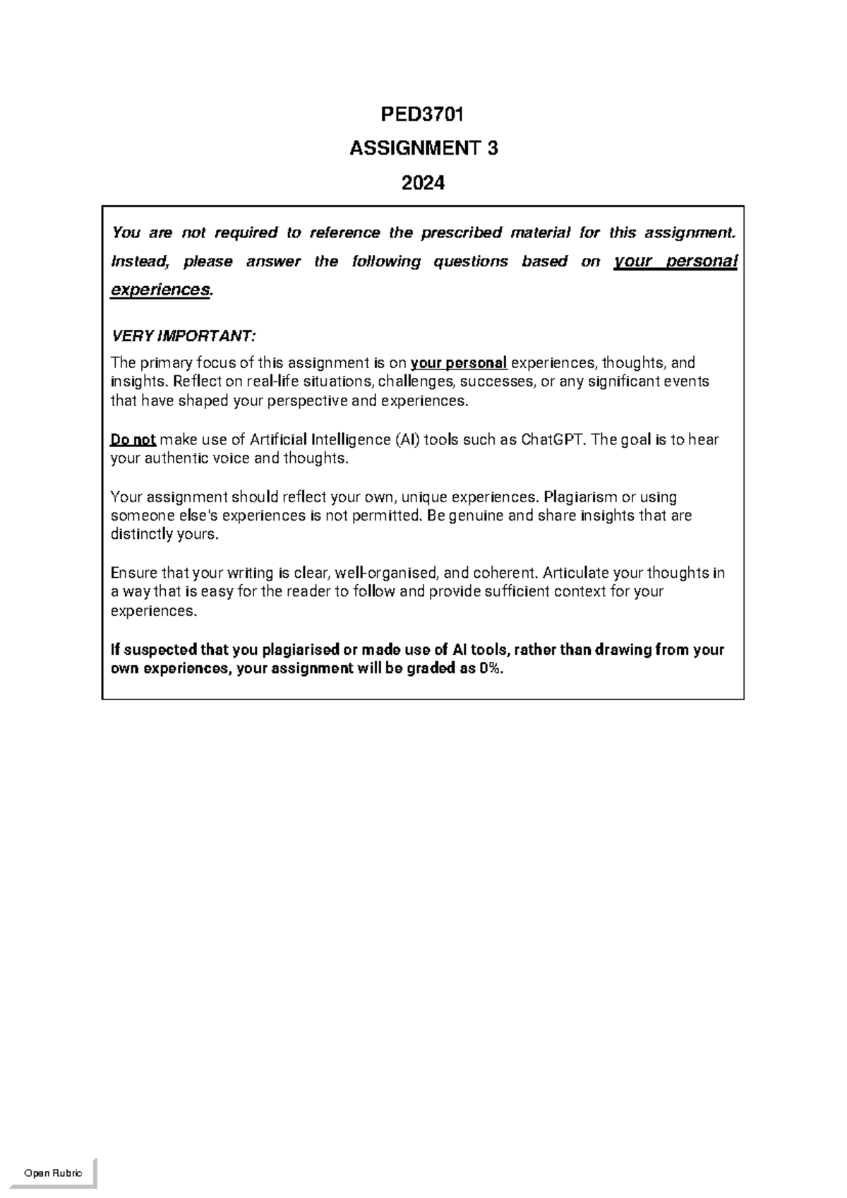 PED3701 Assignment 3 2024 - PED ASSIGNMENT 3 2024 You Are Not Required ...