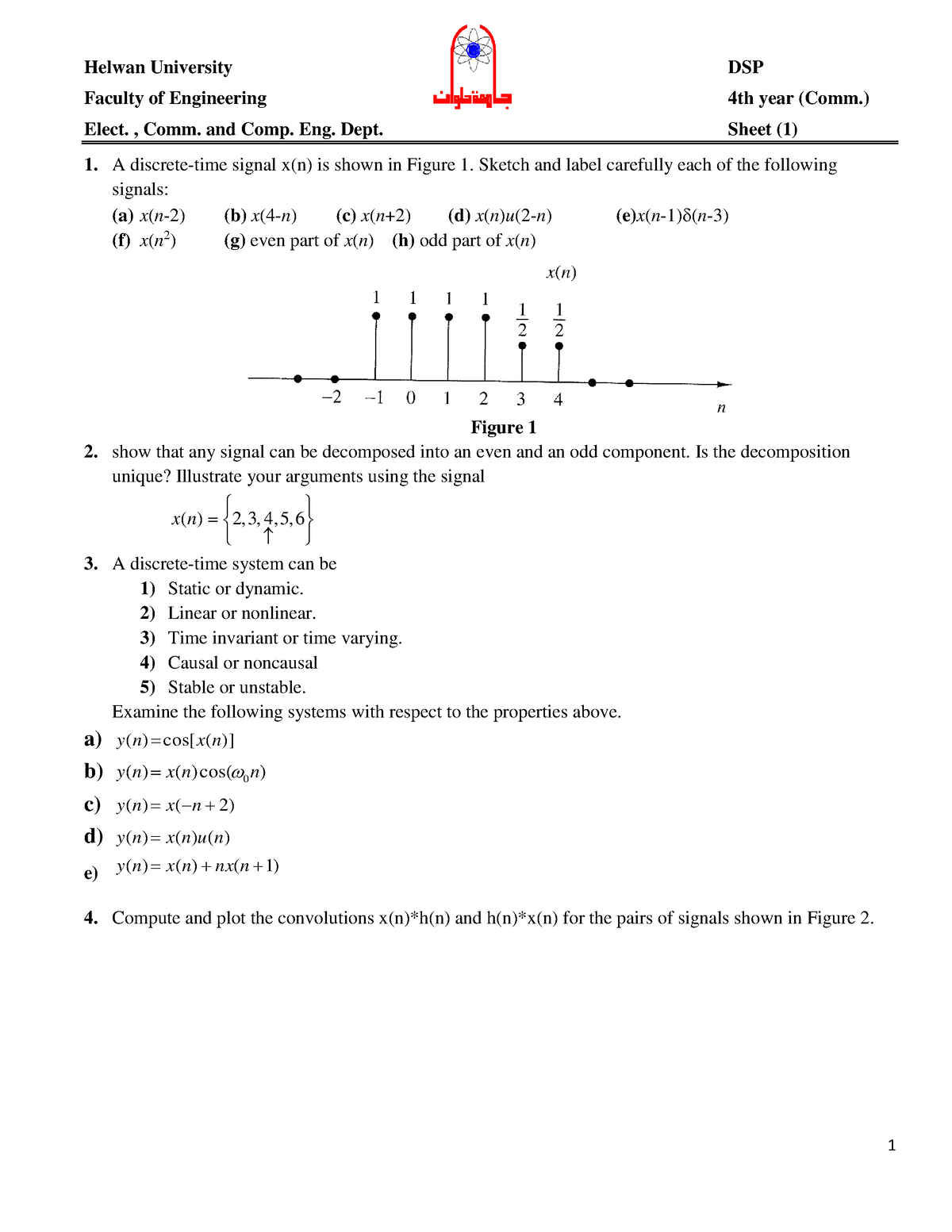 Sheet 1 DSP - intro - 1 Helwan University DSP Faculty of Engineering ...