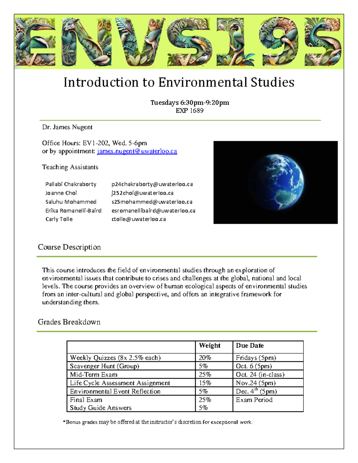 Syllabus ENVS195 F2023 Introduction To Environmental Studies Nugent ...