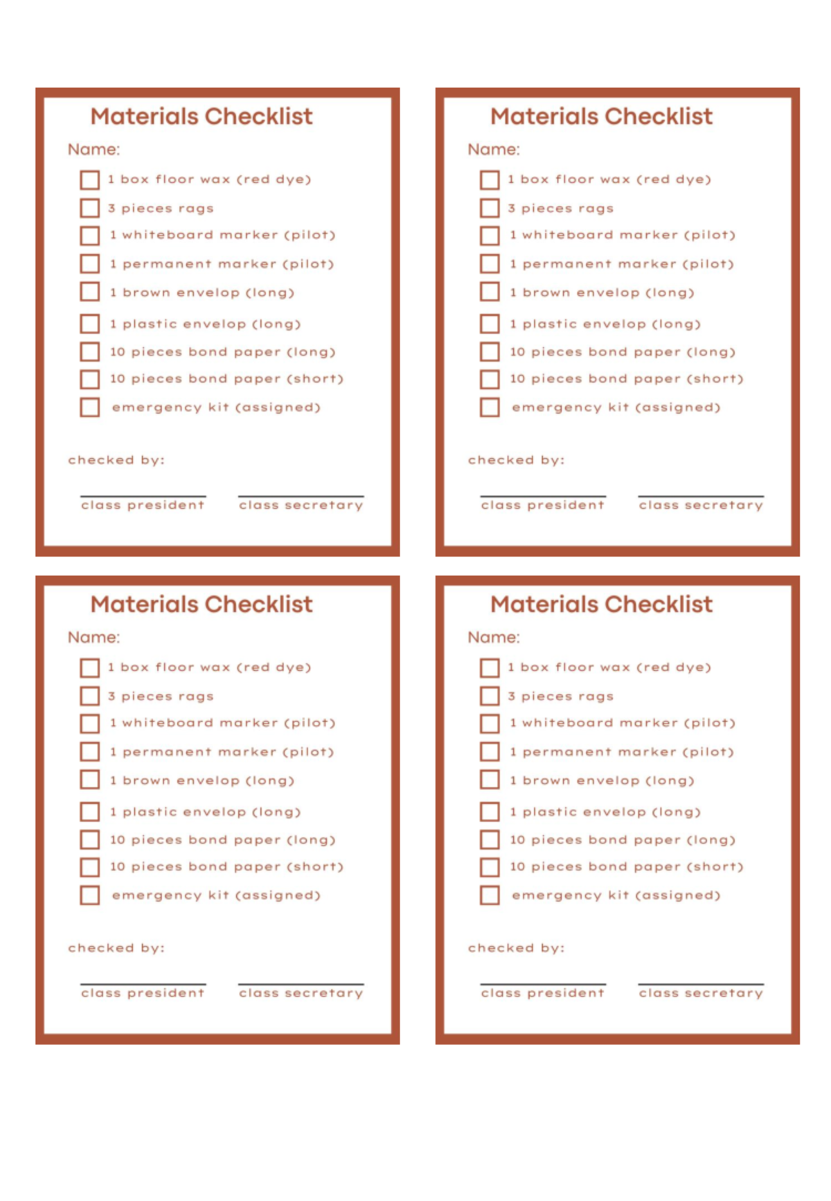 Checklists - Requirements Checklist - Materials Checklist Materials ...