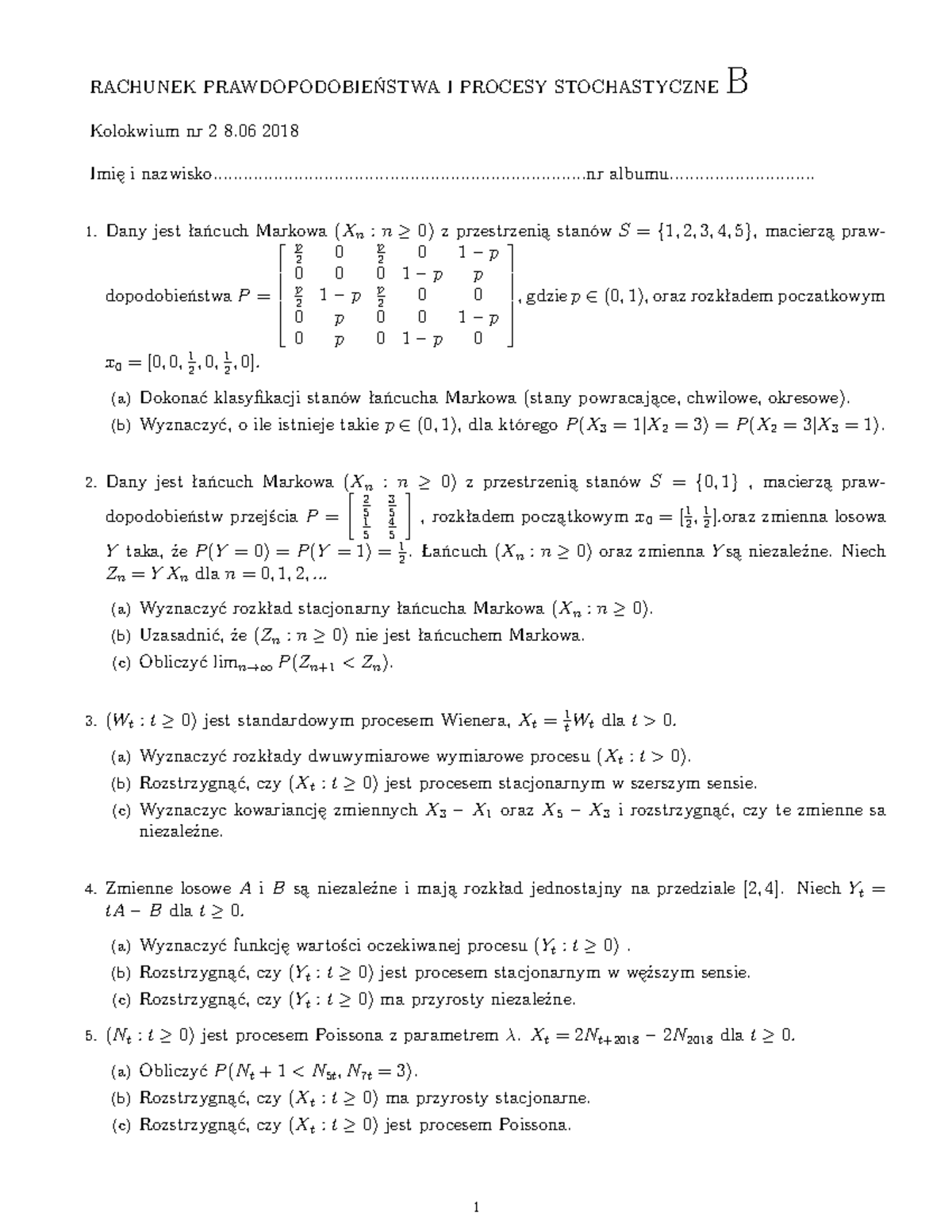 Przykładowe Kolokwium - RACHUNEK PRAWDOPODOBIEŃSTWA I PROCESY ...