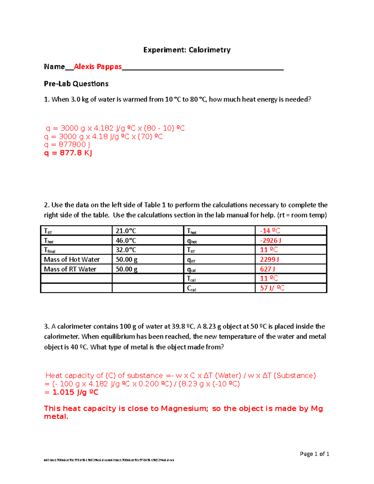 Calorimetry Lab Pre-Lab Assignment - Experiment: Calorimetry Name__Alexis - Studocu