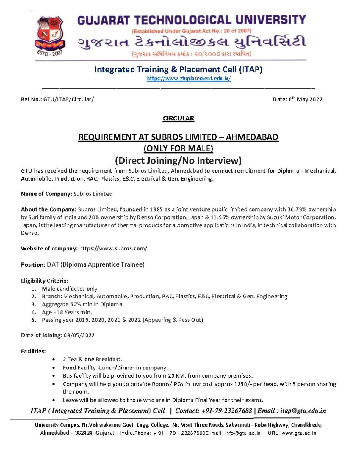 Requirement at Subros Limited, Ahmedabad (Direct Joining) Integrated