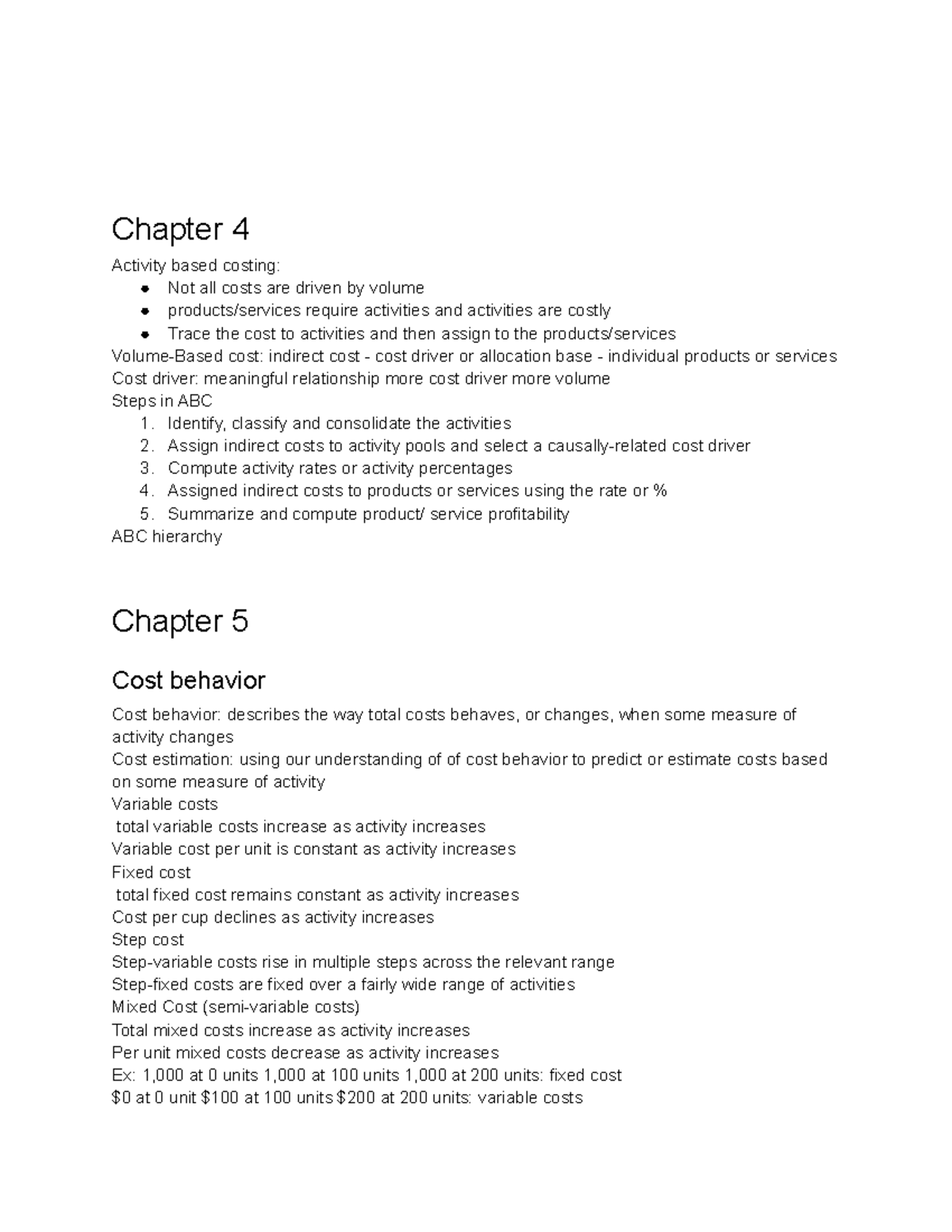 Chapter 4 and chapter 5 - Chapter 4 Activity based costing: Not all ...