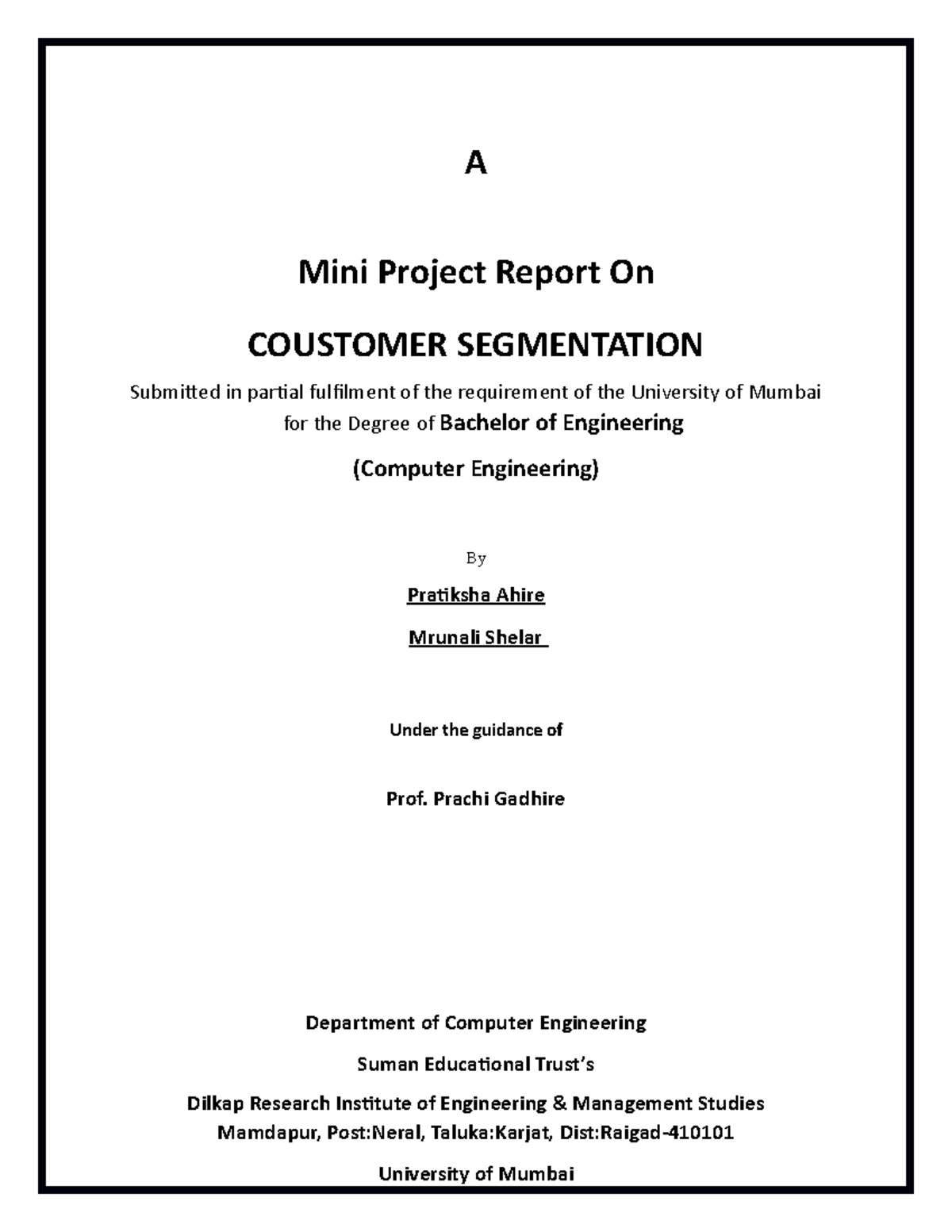 Bdareport - A Mini Project Report On COUSTOMER SEGMENTATION Submitted ...