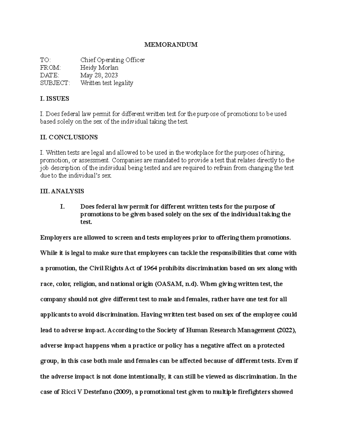 Memorandum final draft - MEMORANDUM TO: Chief Operating Officer FROM ...