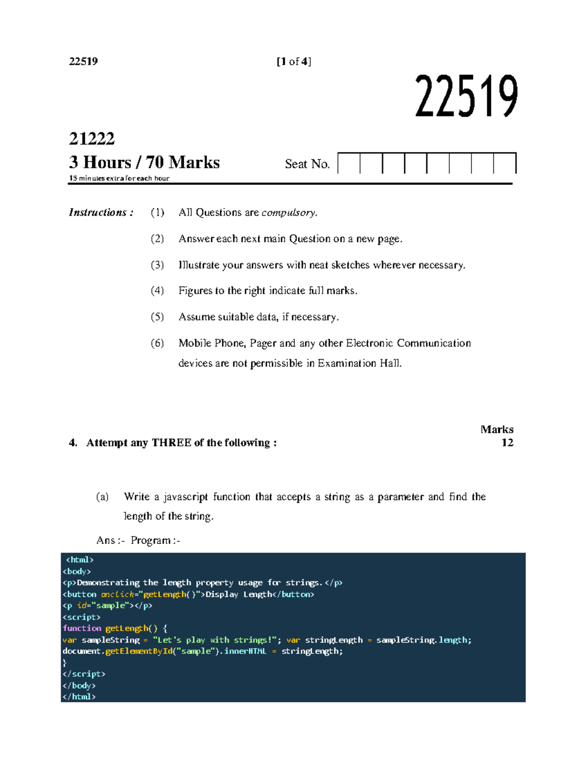 Backlog css paper solution - 22519 21222 3 Hours / 70 Marks Seat No ...