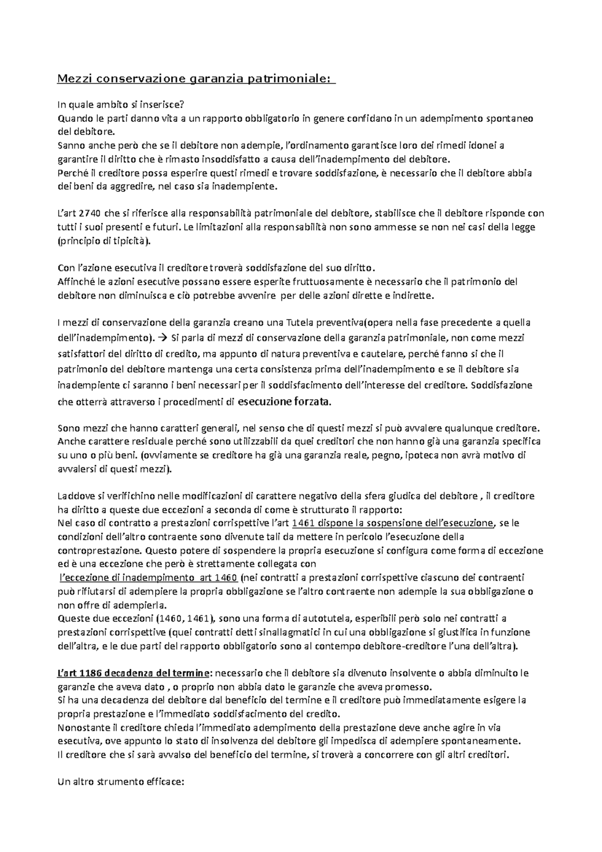 Mezzi conservazione della garanzia patrimoniale Mezzi conservazione garanzia patrimoniale In