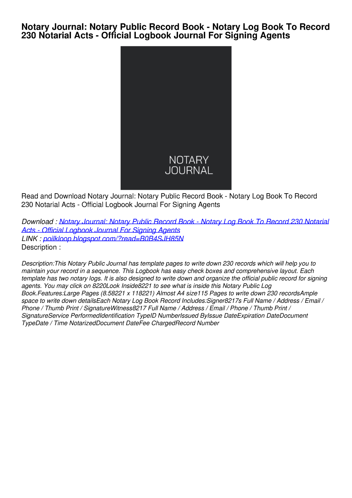 PDF/READ Notary Journal Notary Public Record Book Notary Log Book To