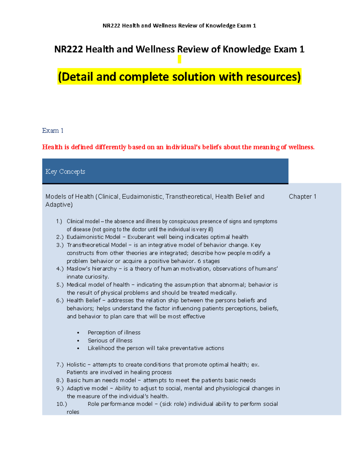 NR 222 Health and Wellness Review of Knowledge Exam 1 - Key Concepts ...