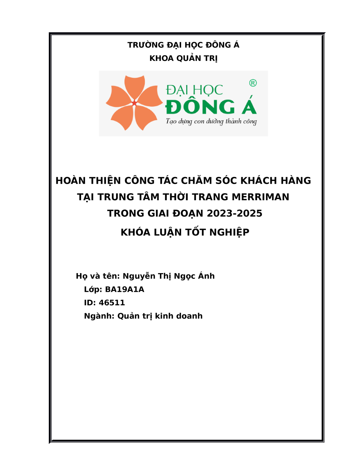 C ng chi ti t Nguy n Th Ng c nhh TRƯỜNG ĐẠI HỌC ĐÔNG Á KHOA QUẢN TRỊ HOÀN THIỆN CÔNG TÁC CHĂM