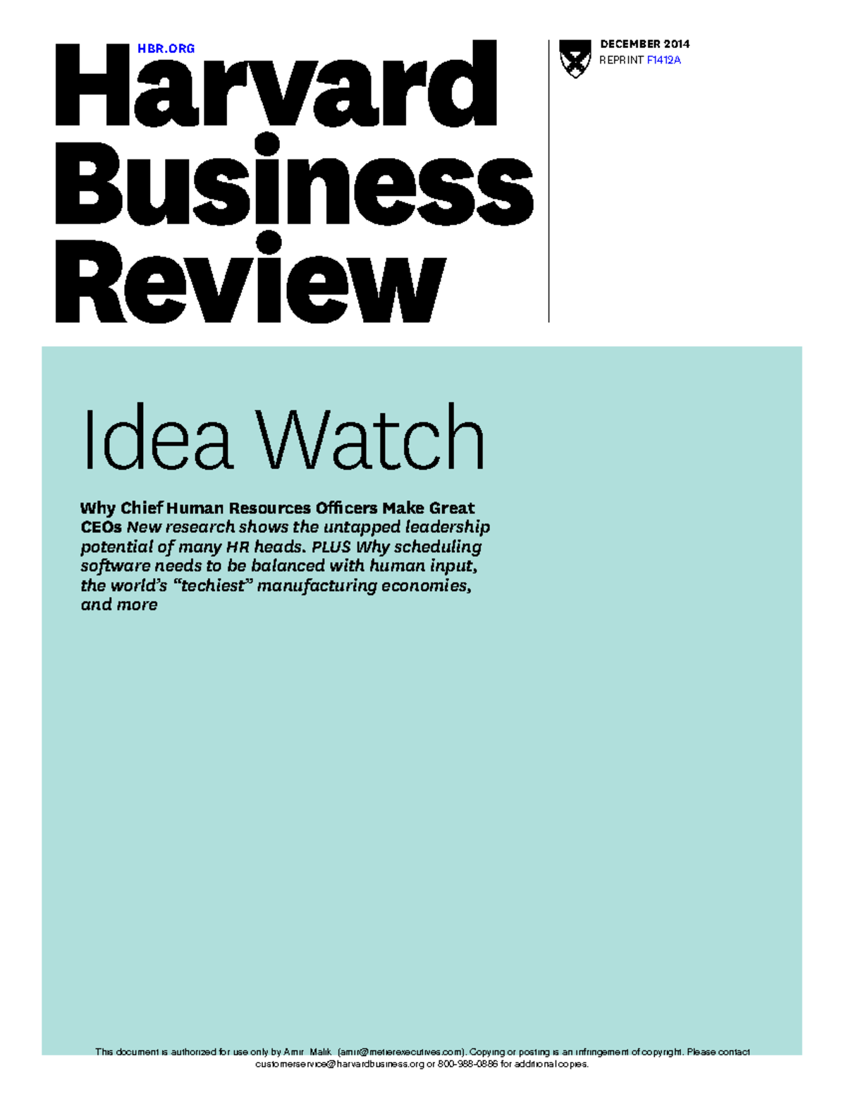 Why Chief Human Resources Officers Ake Great Ceos 14 Hbr Org December 14 Reprint F1412a Idea Watch Why Chief Human Resources Officers Make Great Ceos New Studocu