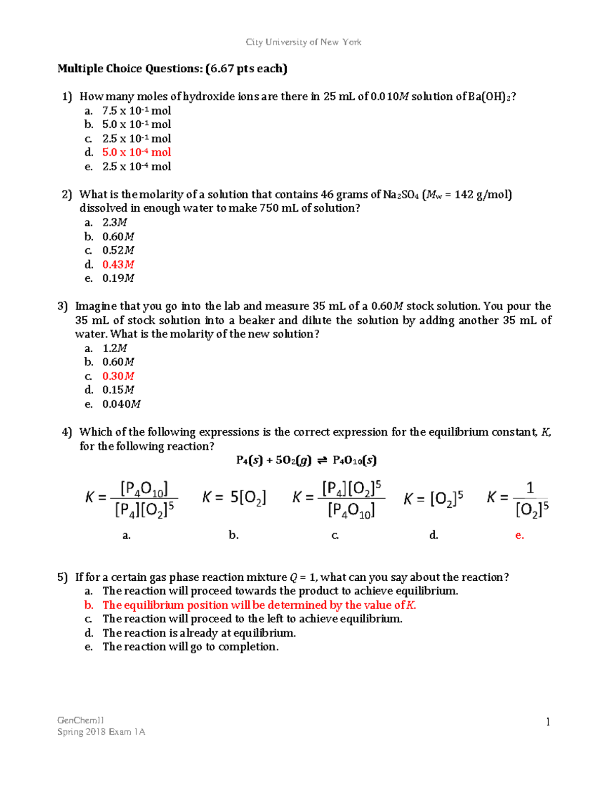 Exam12018 KEY - study and notes - GenChemII 1 Multiple Choice Questions ...