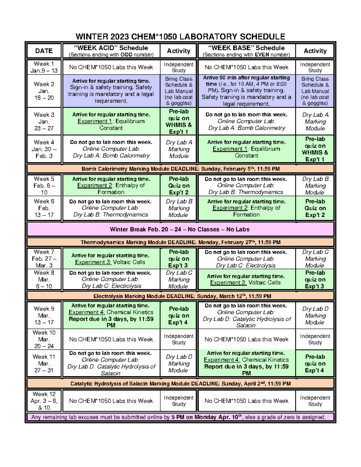 W23 CHEM1050 Lab Schedule 1 - WINTER 2023 CHEM*1050 LABORATORY SCHEDULE ...
