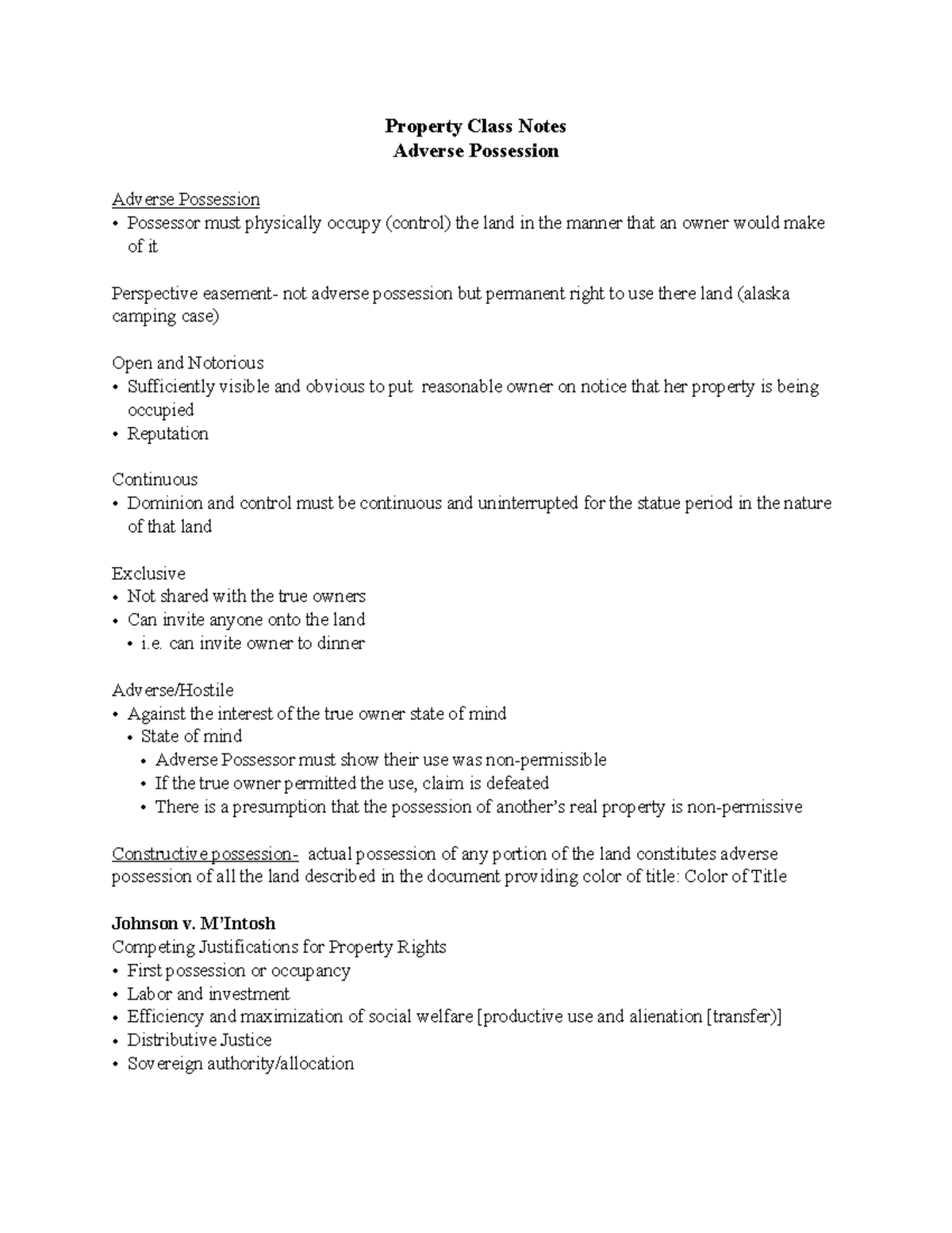 Adverse Possession Notes Property Class Notes Adverse Possession