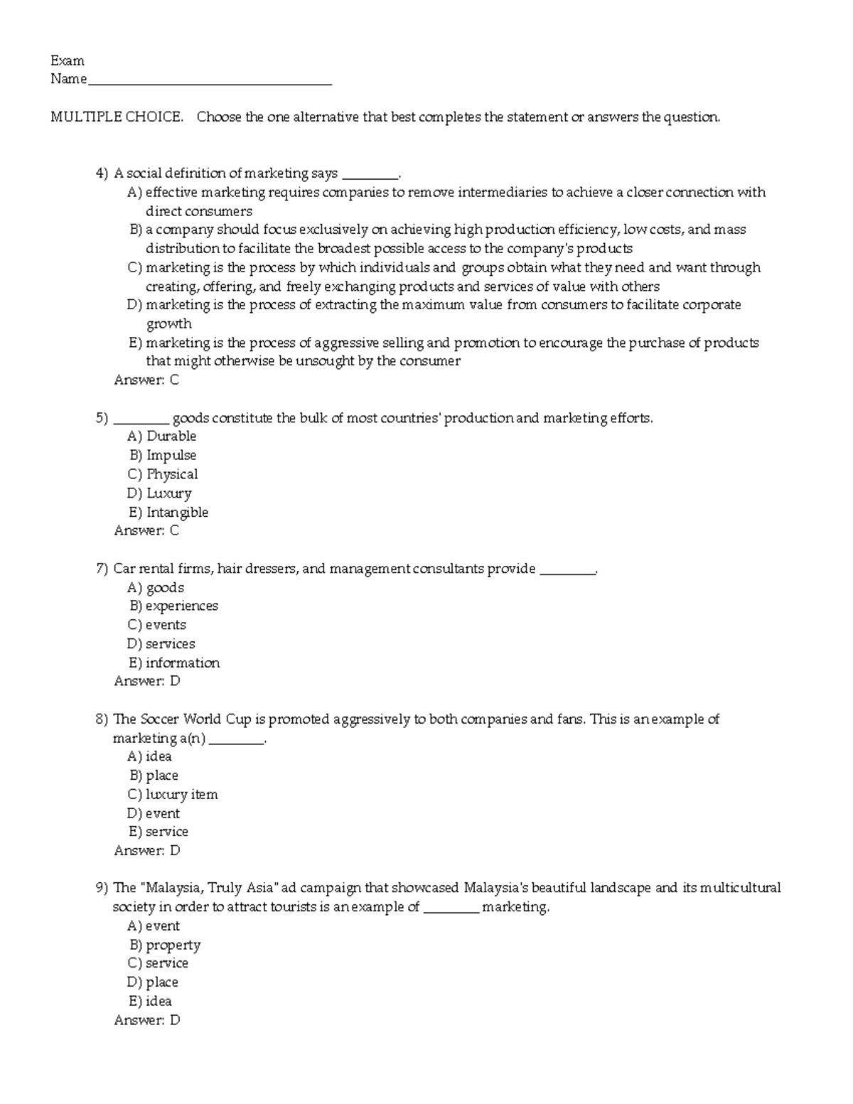 Marketing Management Kotler Chapter 1 test Bank - Exam Name