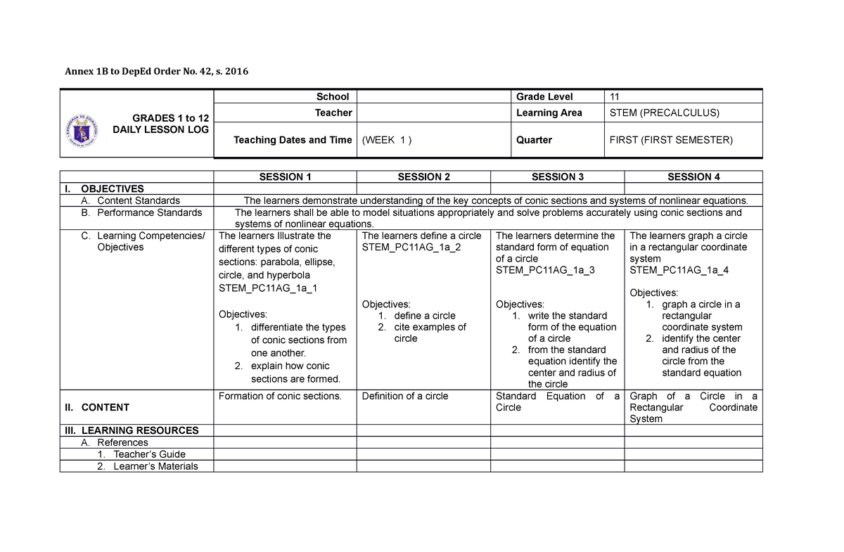 DLL in Pre Calculus 1st quarter - Annex 1B to DepEd Order No. 42, s ...