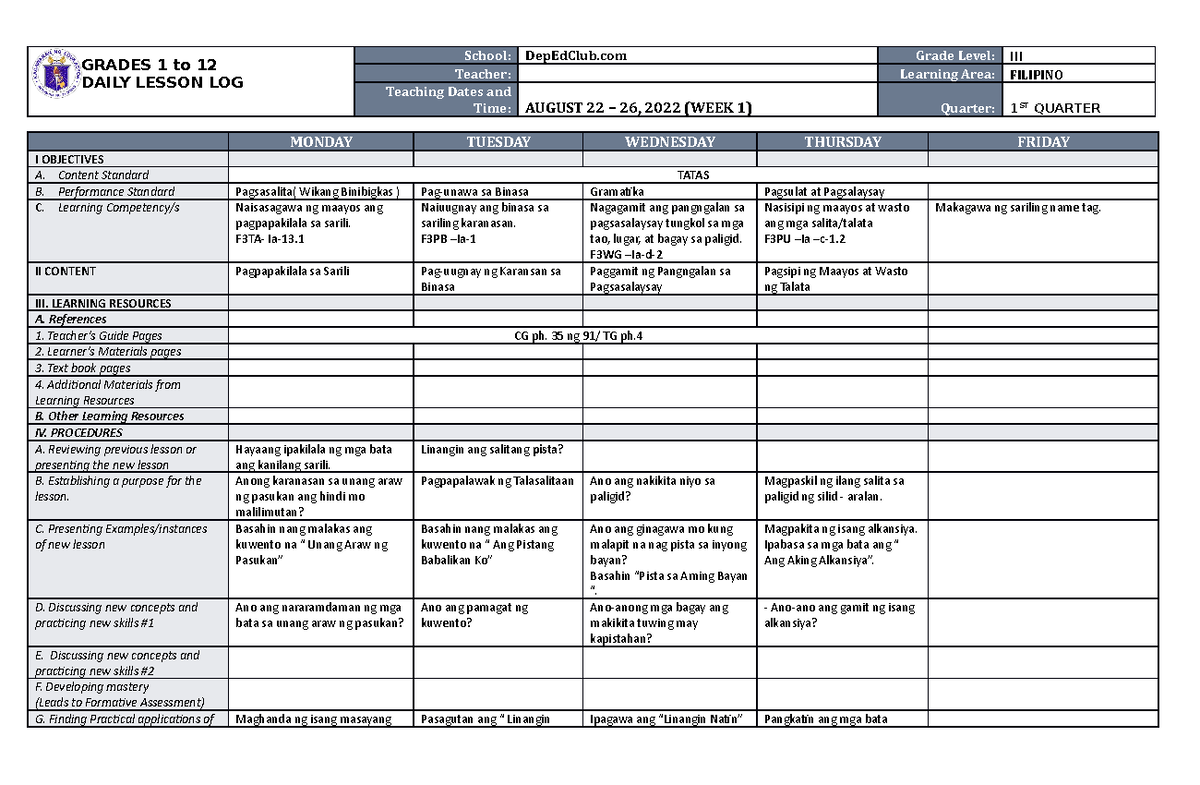 Dll Filipino 3 Q1 W1 New Lesson Grades 1 To 12 Daily Lesson Log School Depedclub Grade 0549