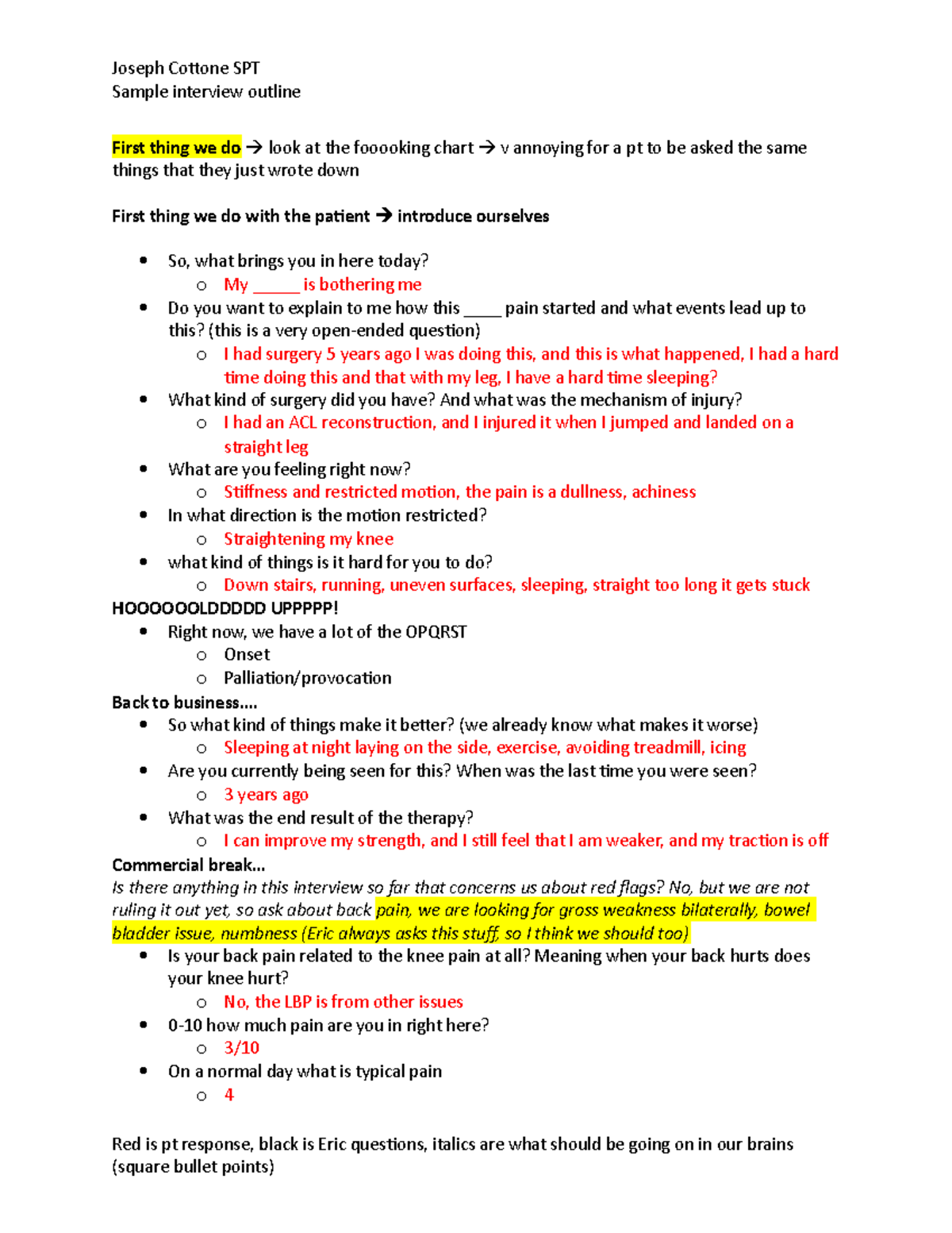 Ortho Sample Interview Joseph Cotone SPT Sample interview outline