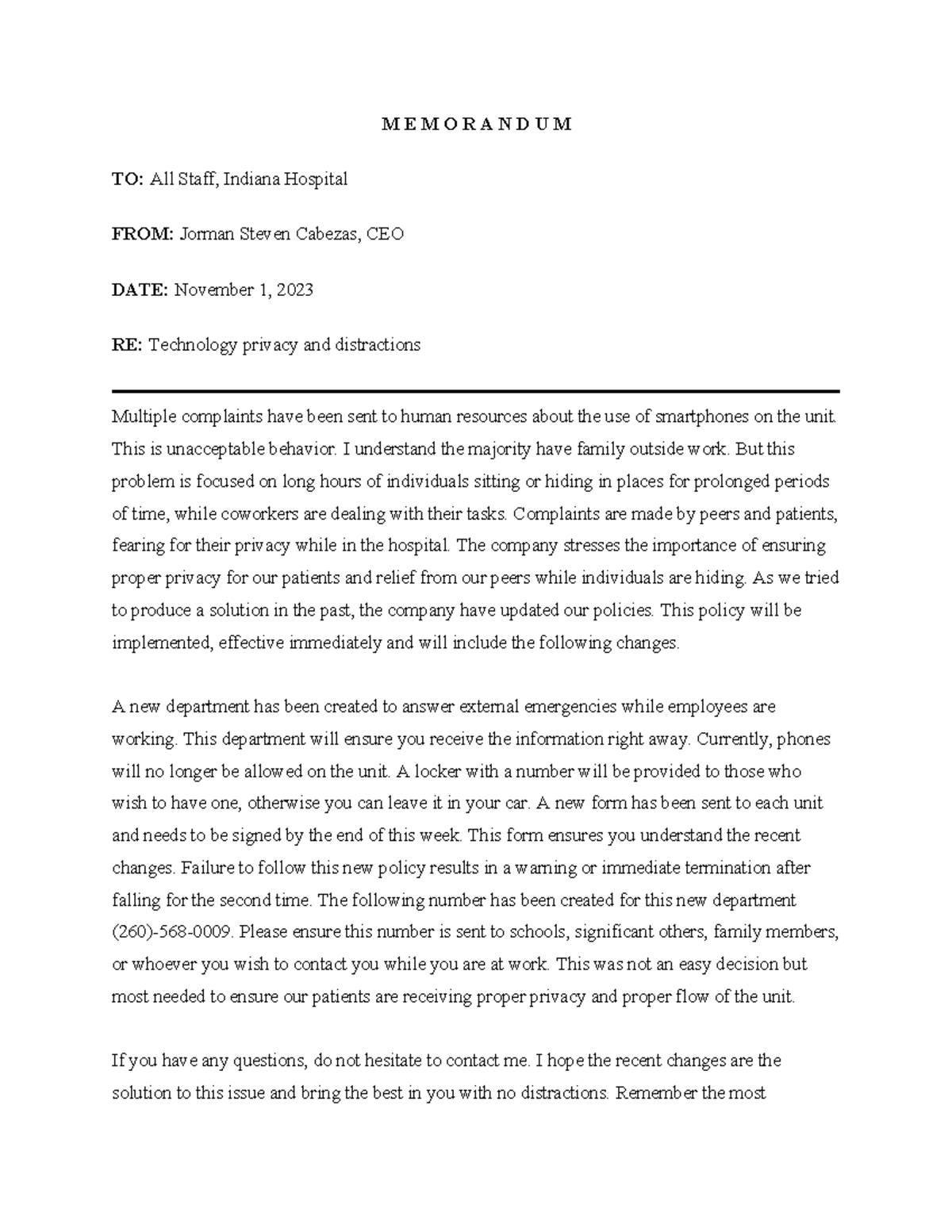 Memorandum comp - M E M O R A N D U M TO: All Staff, Indiana Hospital ...