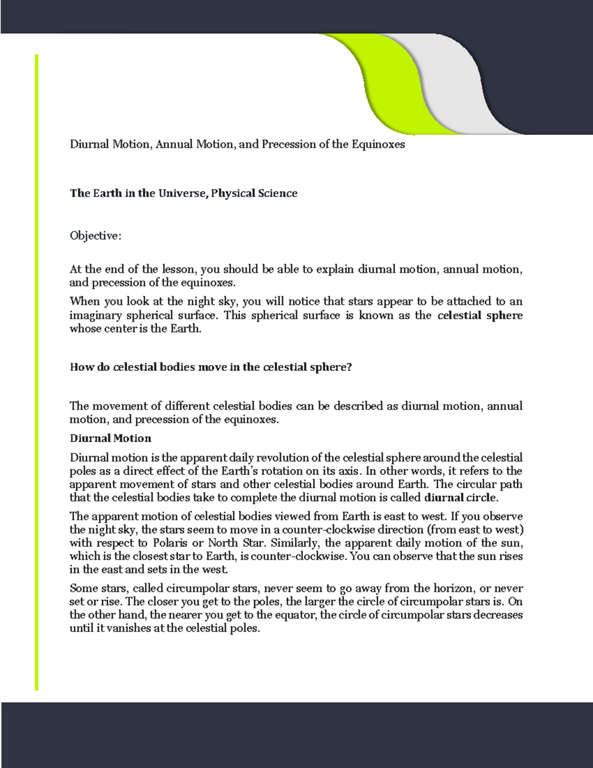 Diurnal motion annual motion precession of equinoxes and Quiz - Diurnal ...