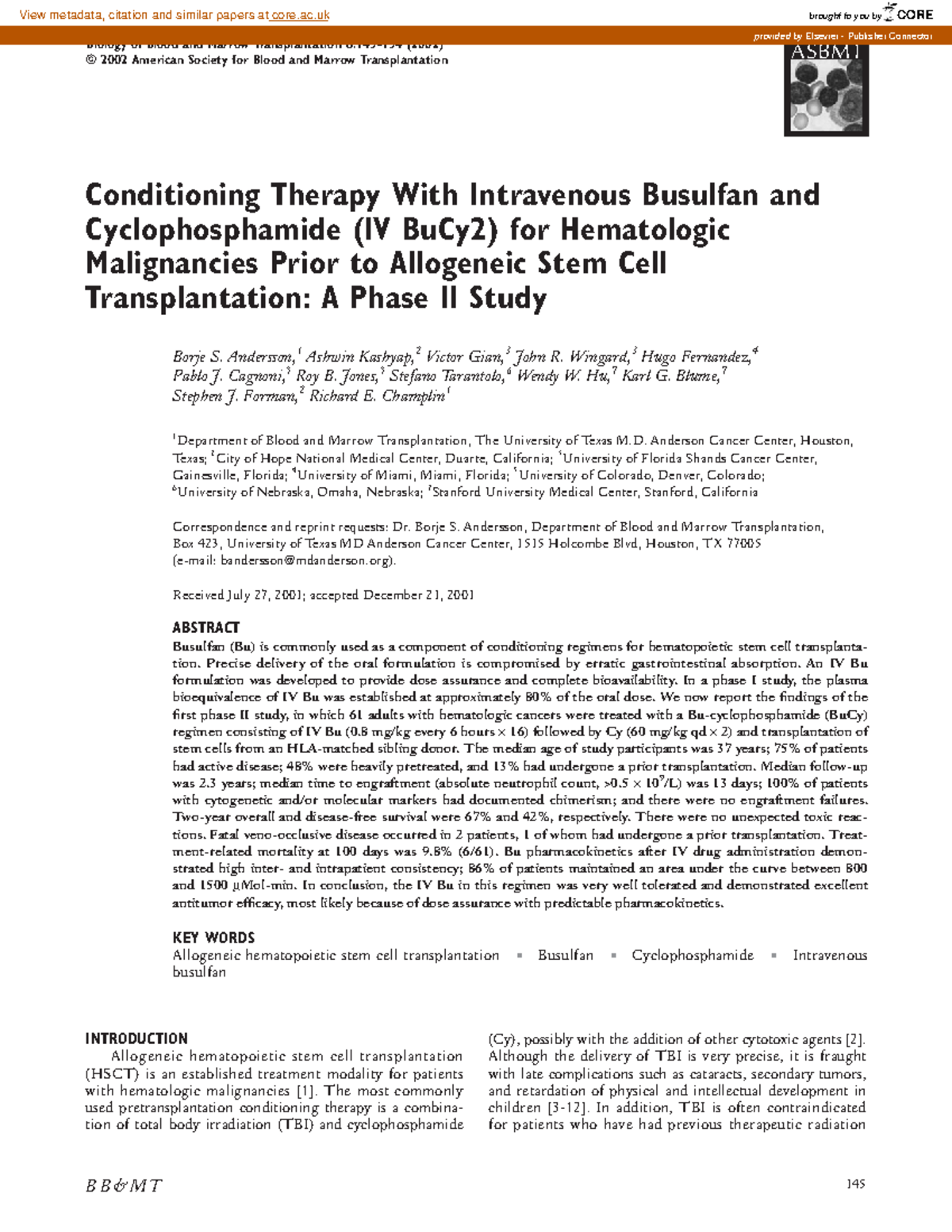 Conditioning Therapy With Intravenous Bu - B B & M T 145 INTRODUCTION ...