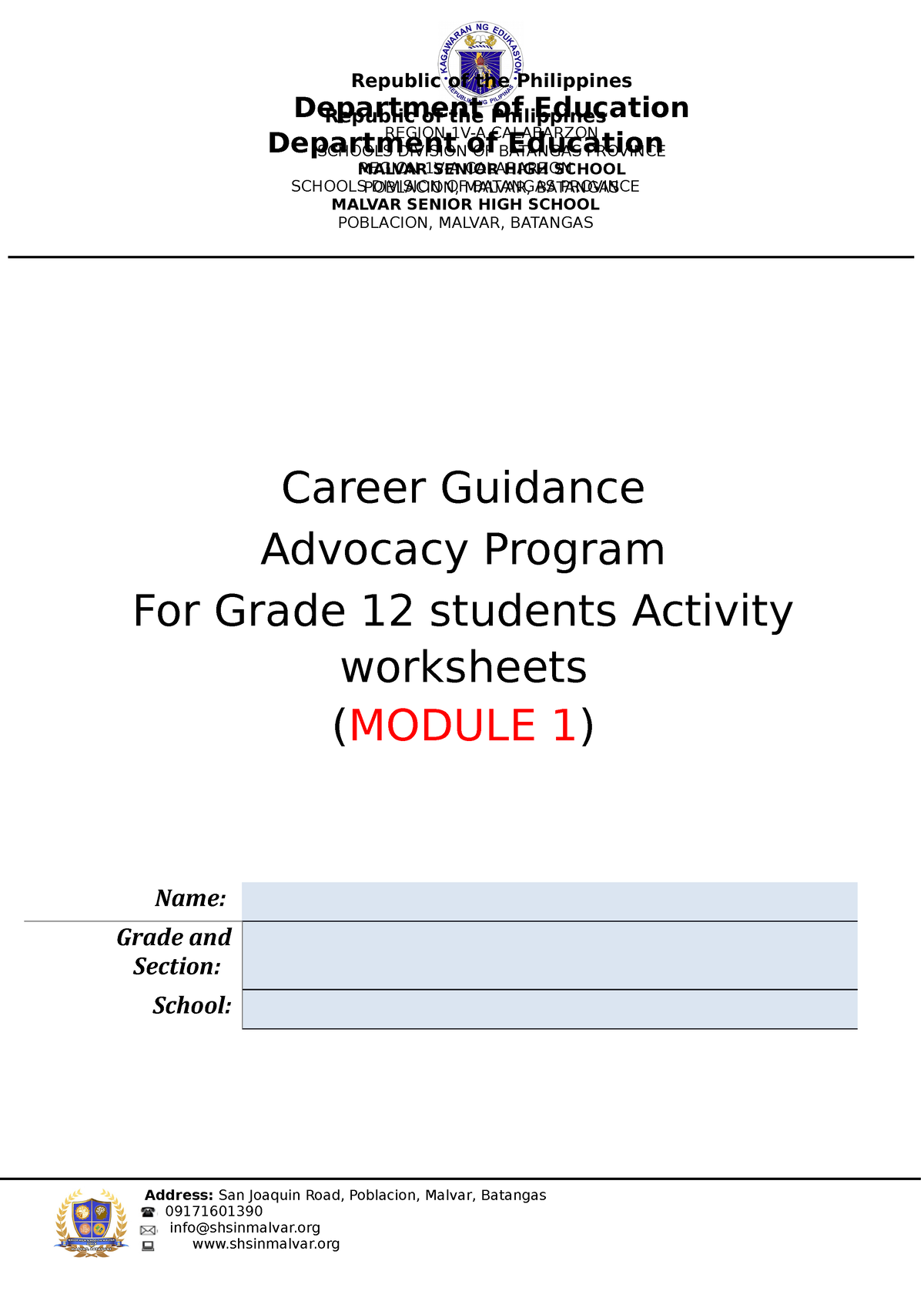 CGAP Grade 12 Worksheet Module 1 Career Guidance Advocacy Program For 