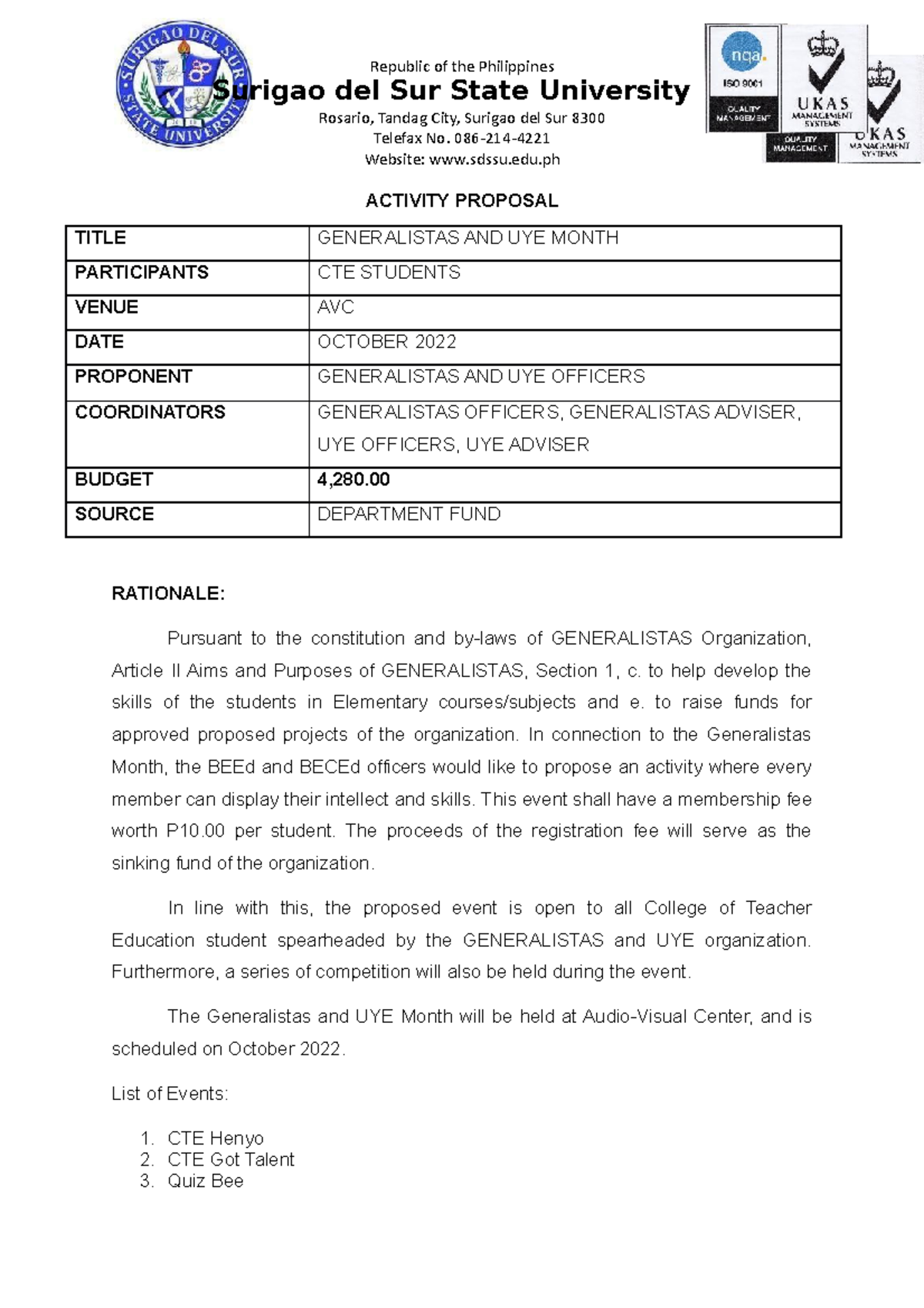 Activity Proposal FOR Generalitas Month - Republic of the Philippines ...