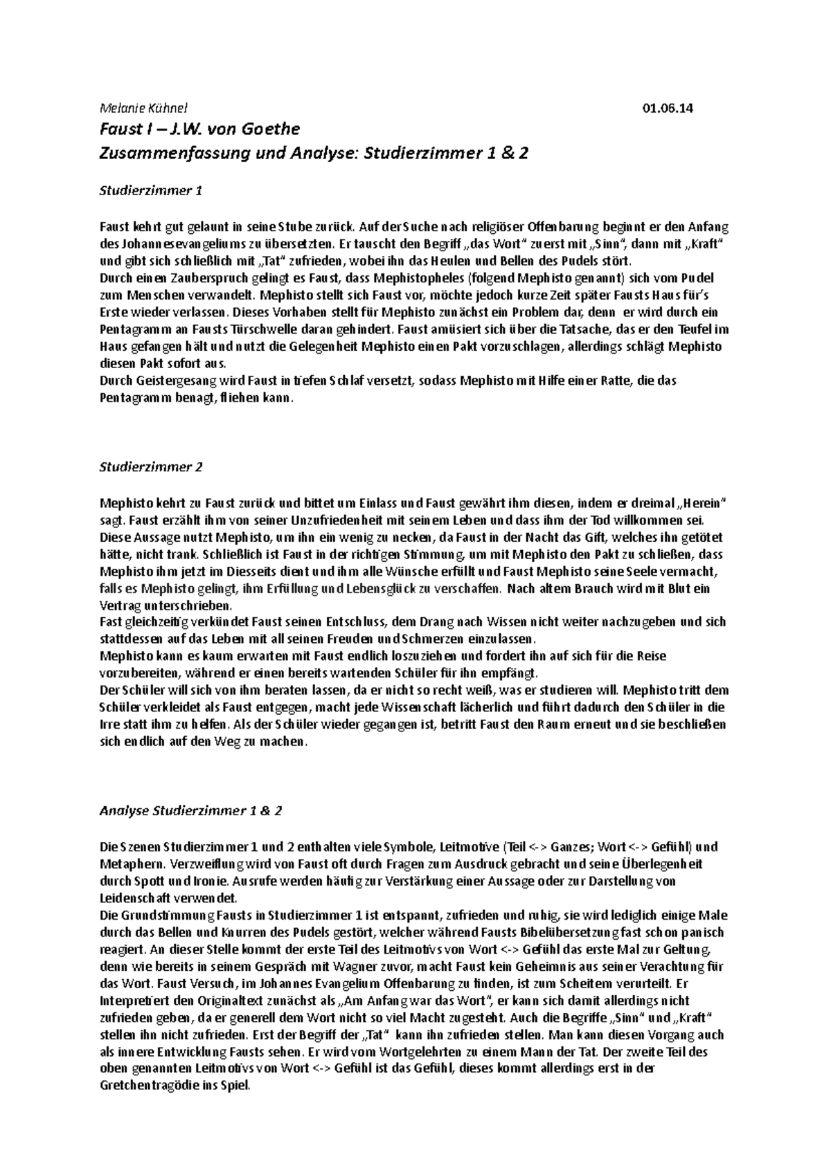 Faust 1 von Johann Wolfgang von Goethe Studierzimmer 1, Textanalyse Textanalyse