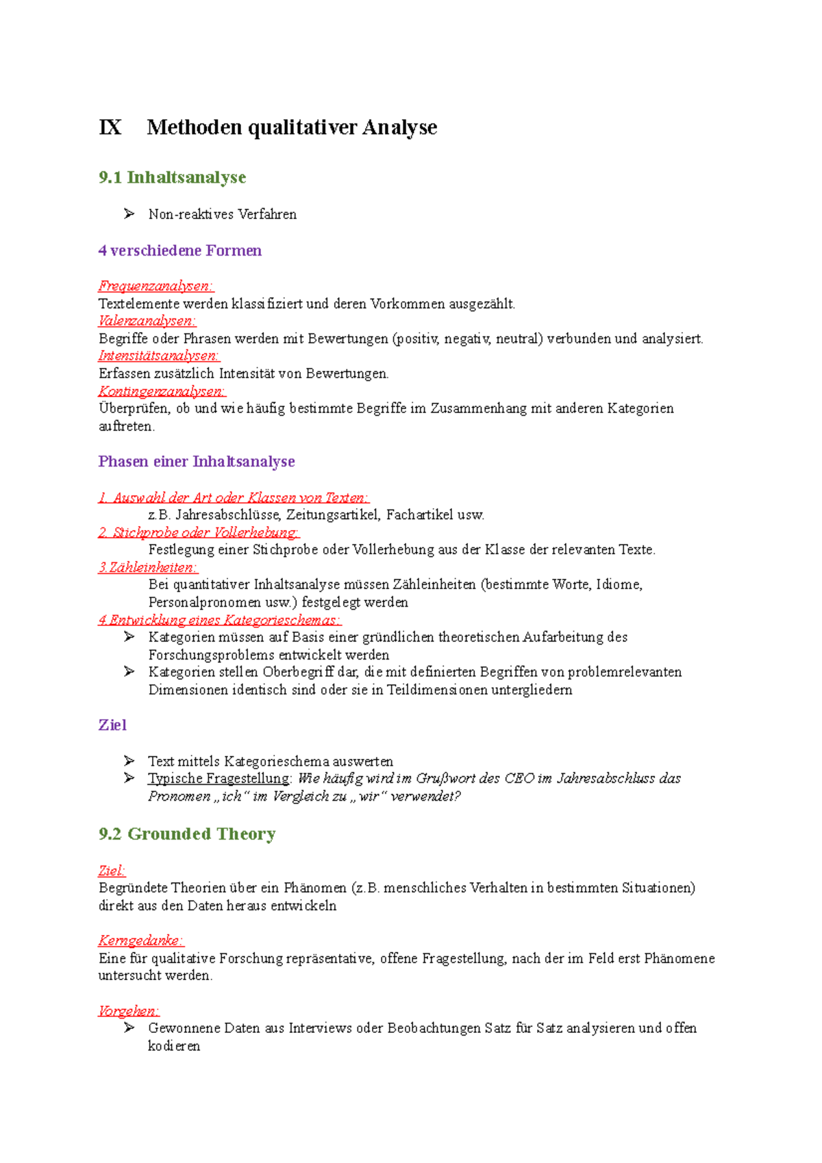 Zusammenfassung Kapitel 9 - IX Methoden qualitativer Analyse 9 ...