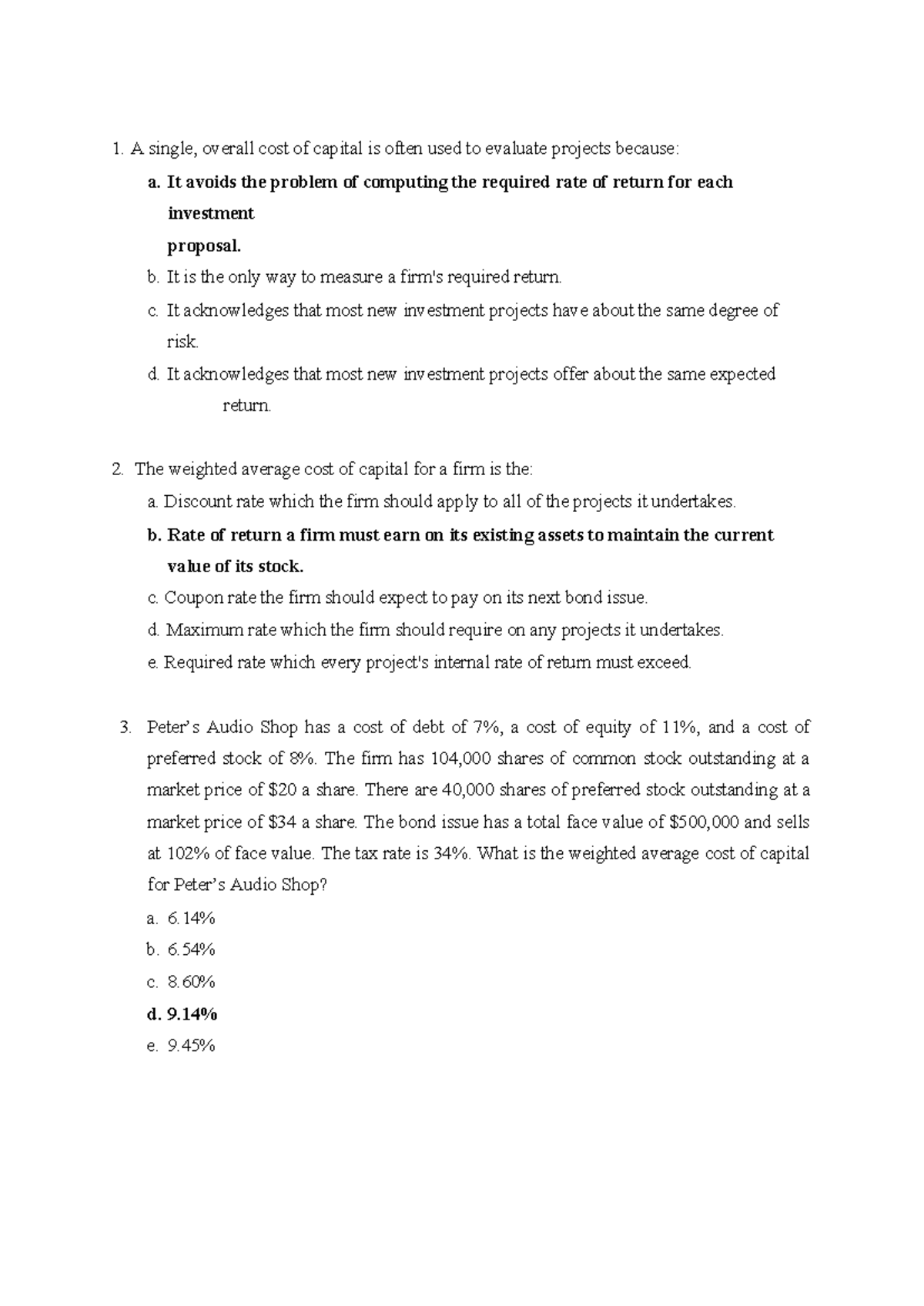 MCQ Capital Structure & Dividend Policy A single, overall cost of