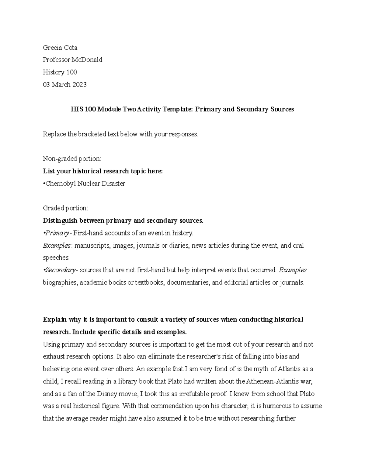 HIS 100 Module Two Activity Template Primary and Secondary Sources ...