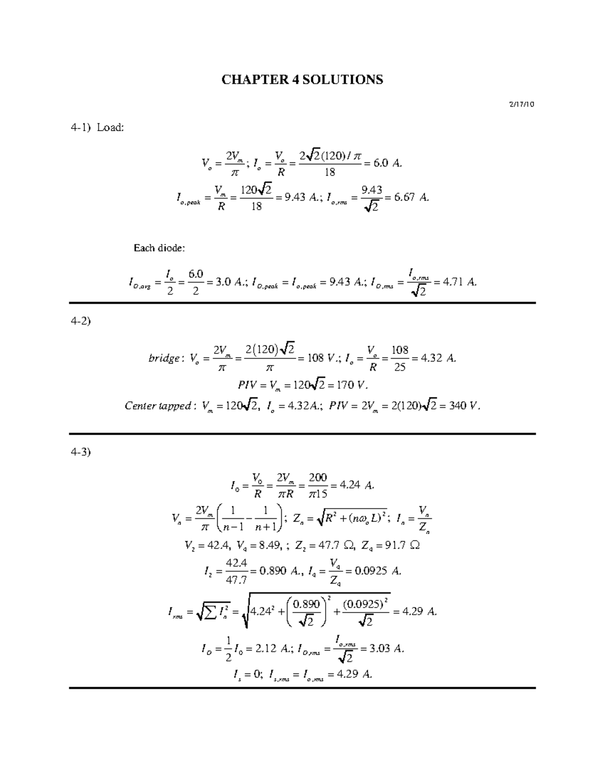 12743830 - CHAPTER 4 SOLUTIONS 2/17/ 4-1) Load: ,, ####### 2 2 2 (120 ...
