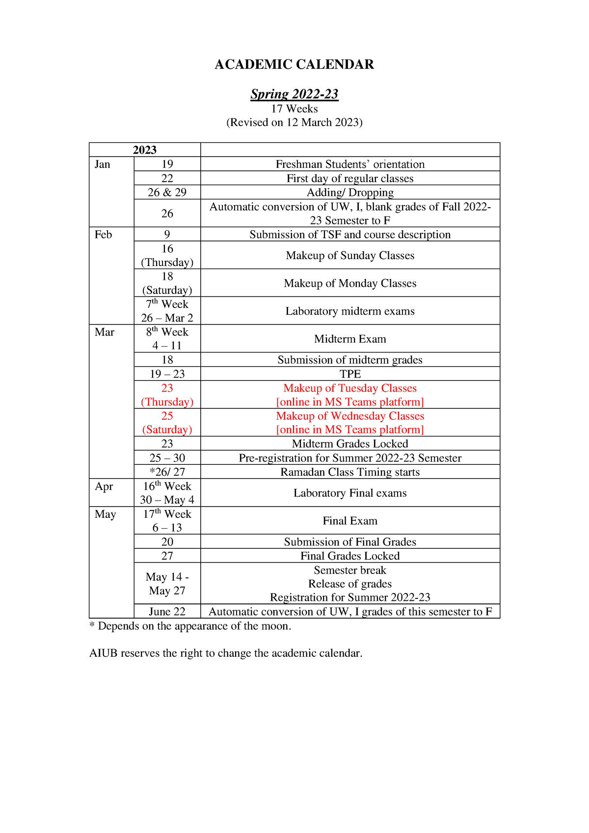 Acadcal spring 20222023 17weeks public version v2 ACADEMIC CALENDAR