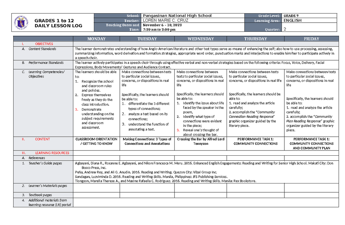 DLL English - QUARTER 2 LESSON 1 - GRADES 1 to 12 DAILY LESSON LOG ...