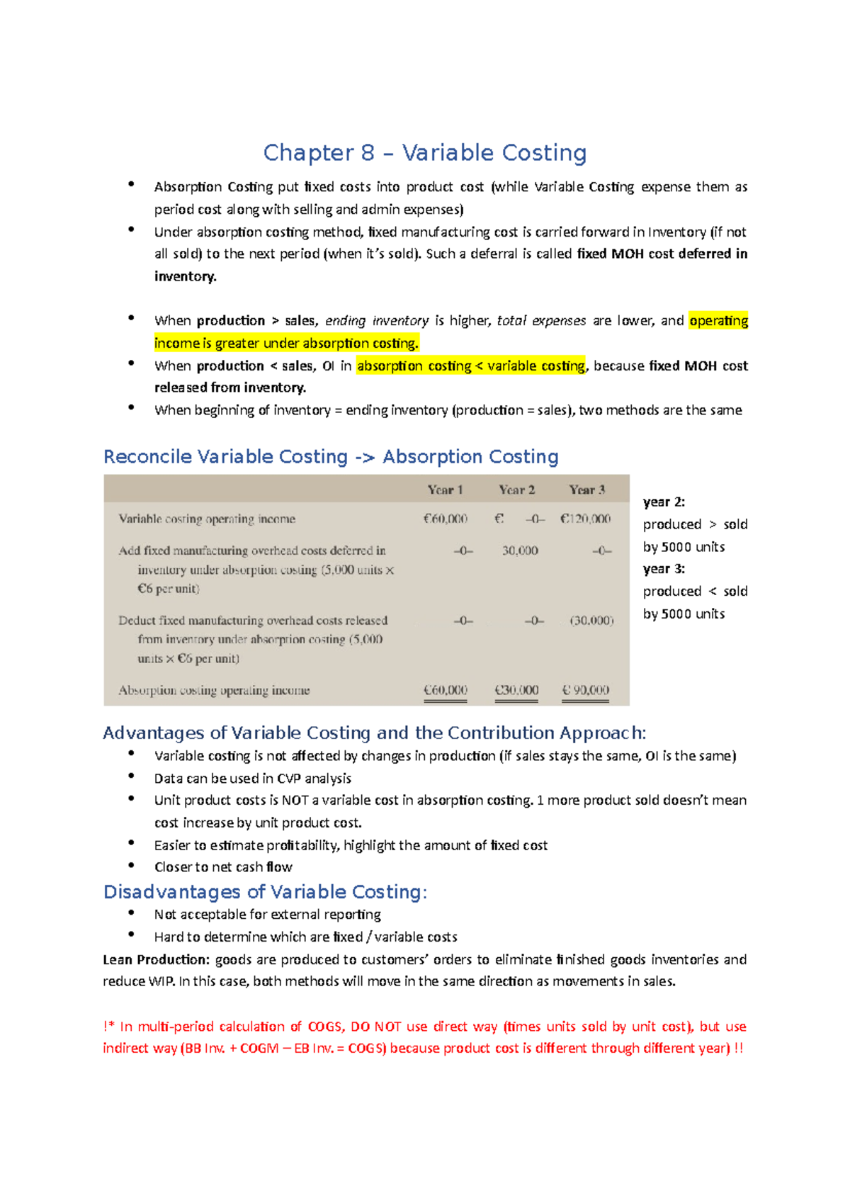 Chapter 8 Notes - Variable Costing - Chapter 8 – Variable Costing ...