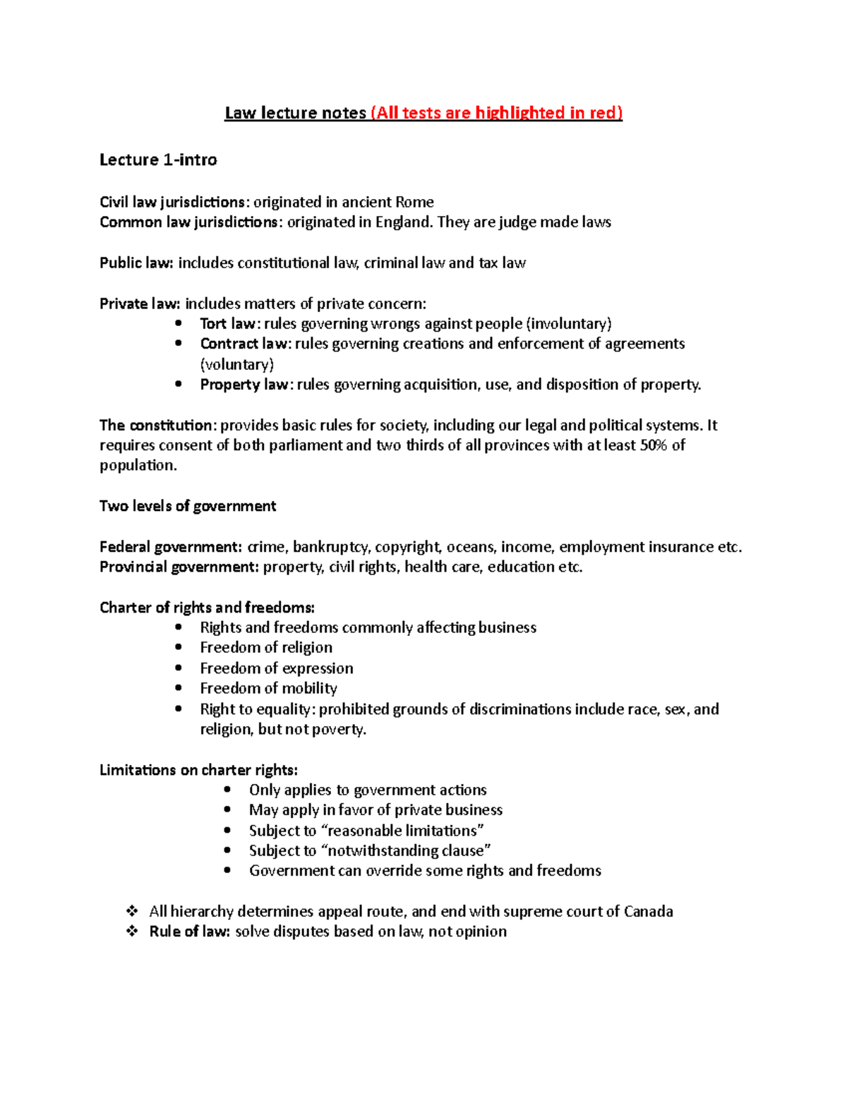 Law lecture notes - They are judge made laws Public law: includes ...