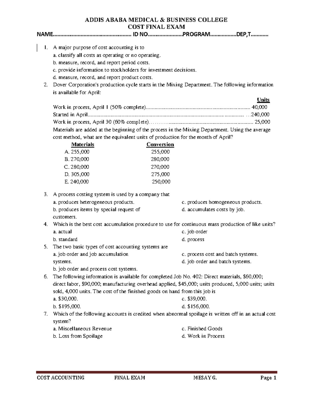 Mid exam accounting 1 - ADDIS ABABA MEDICAL & BUSINESS COLLEGE COST ...