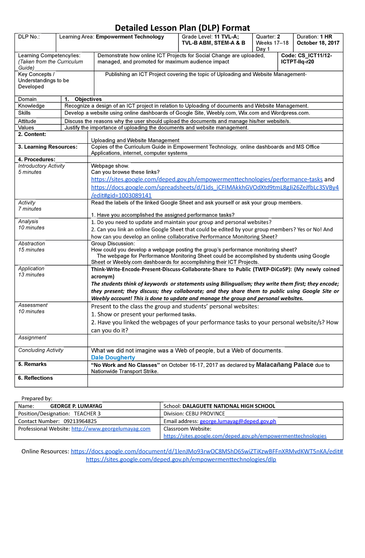 Weeks 17-18, Day 1 - DLP - Detailed Lesson Plan (DLP) Format DLP No ...