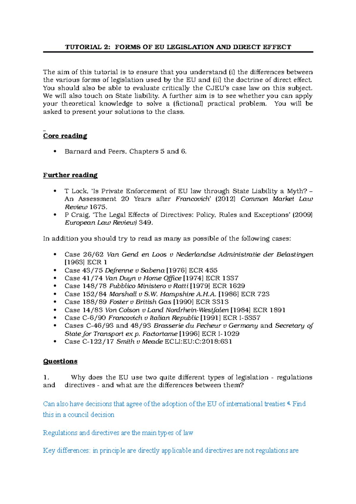 Tutorial 2 - TUTORIAL 2: FORMS OF EU LEGISLATION AND DIRECT EFFECT The ...