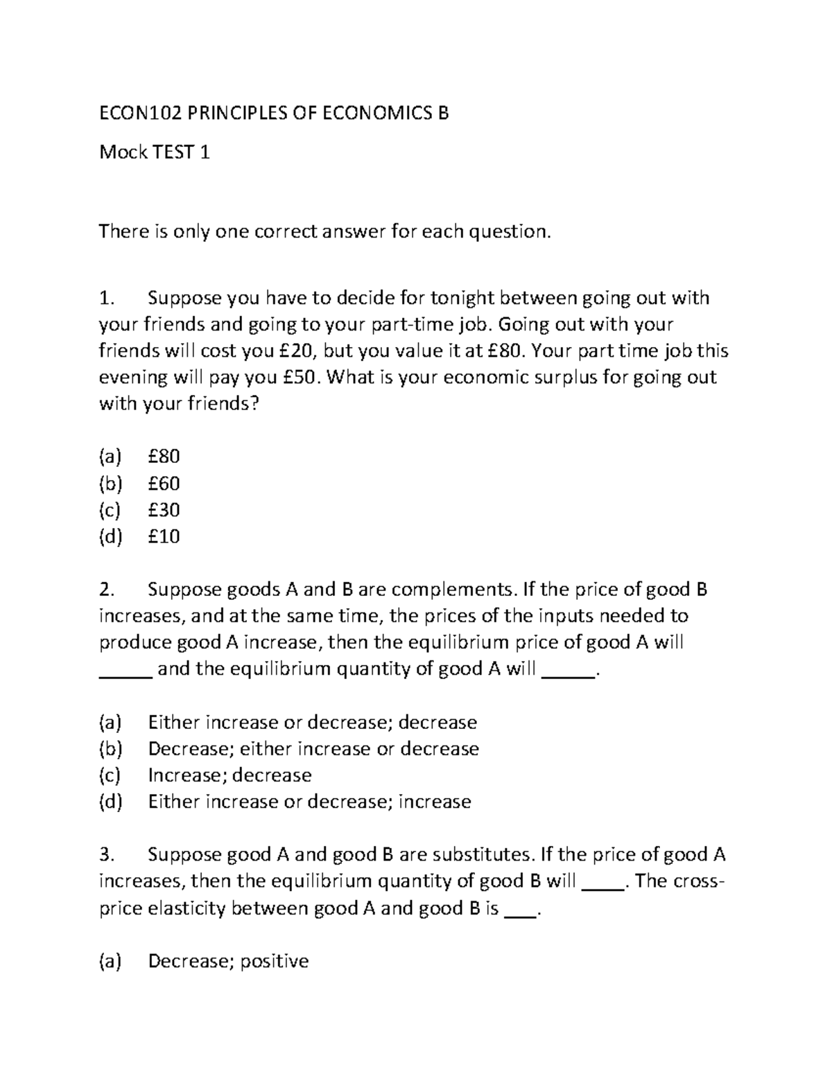 ECON102 Mock Test1 - ECON102 PRINCIPLES OF ECONOMICS B Mock TEST 1 ...