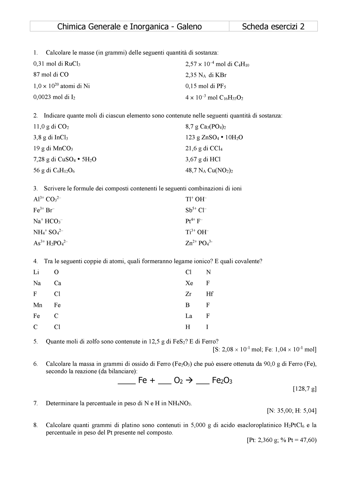 Scheda 2 Esercizi Di Chimica Generale E Inorganica - Chimica Generale E ...