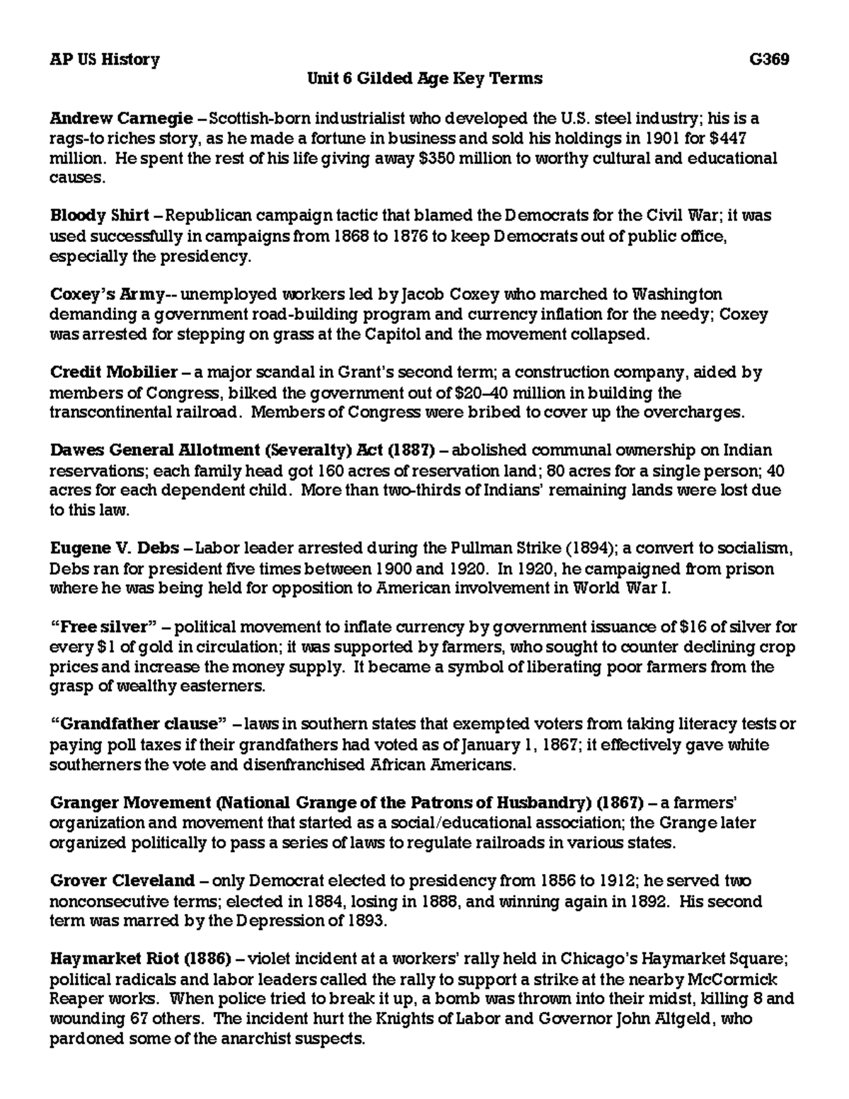 Unit 6 Gilded Age Key Terms AP US History G Unit 6 Gilded Age Key