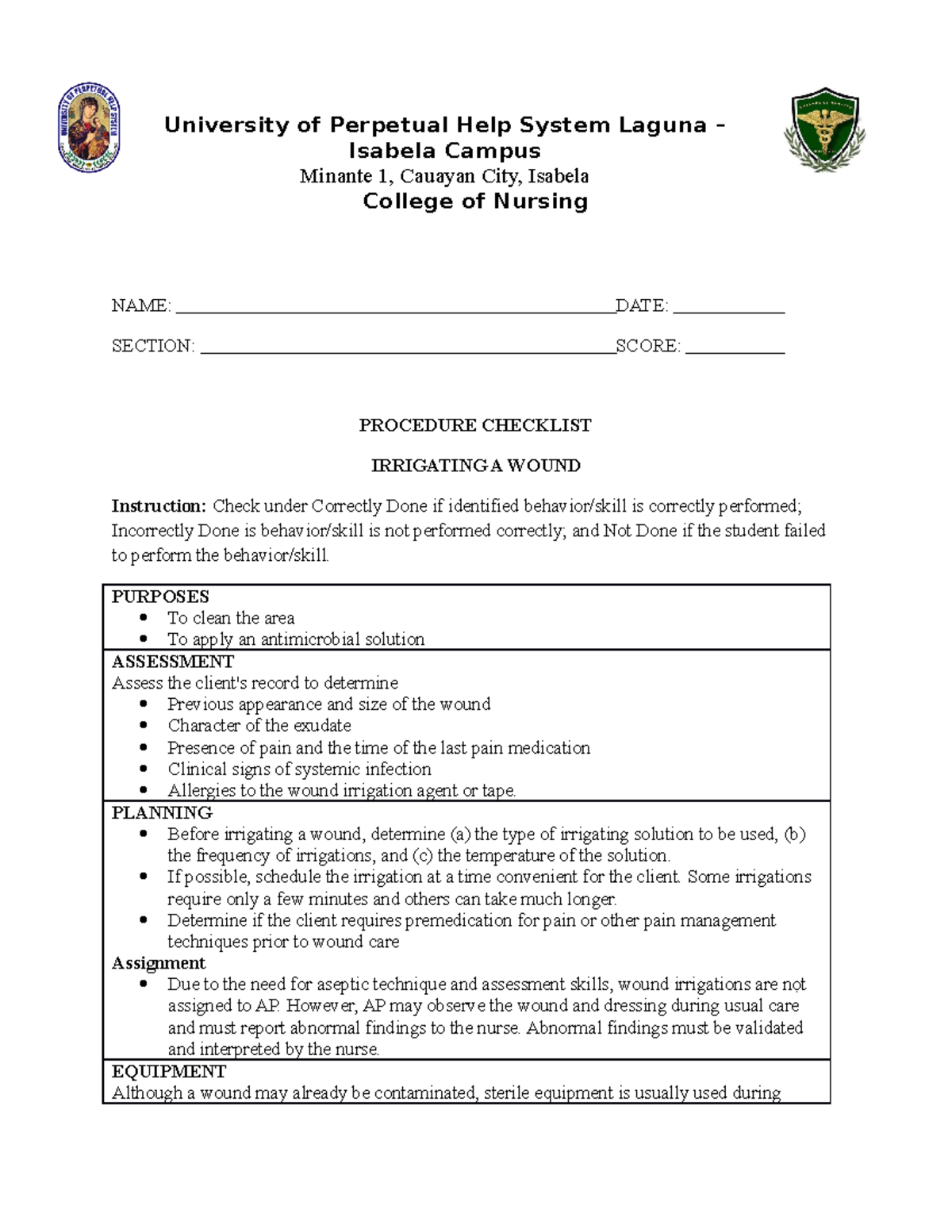 Irrigating A Wound - checklist for return demonstration - University of ...