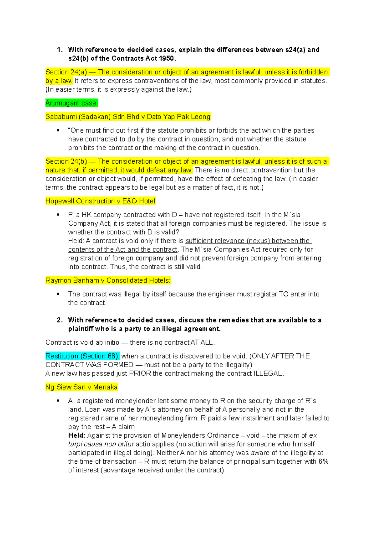 Illegality - Contract tutorial - 1. With reference to decided cases ...