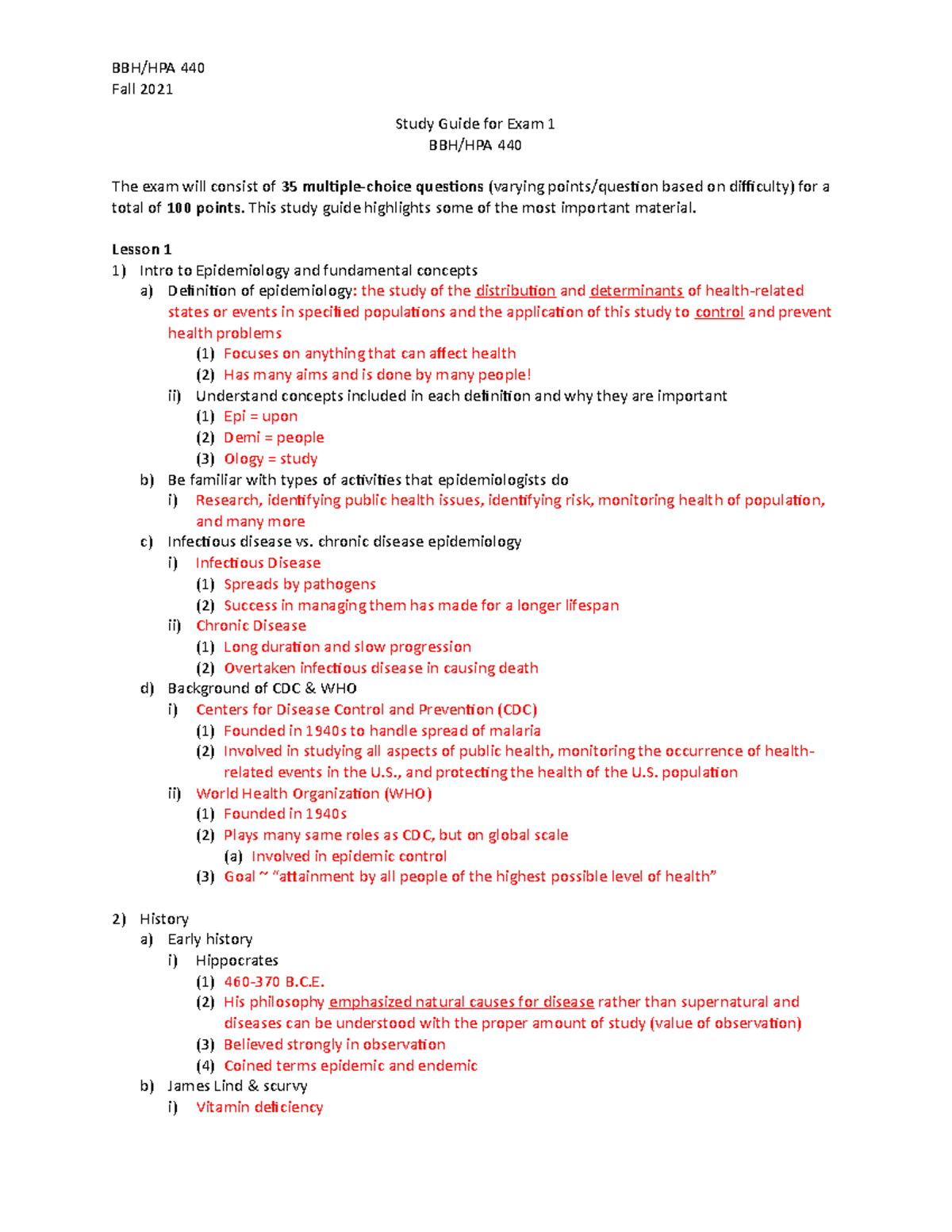 BBH 440 Exam #1 Study Guide - Fall 2021 Study Guide for Exam 1 BBH/HPA ...