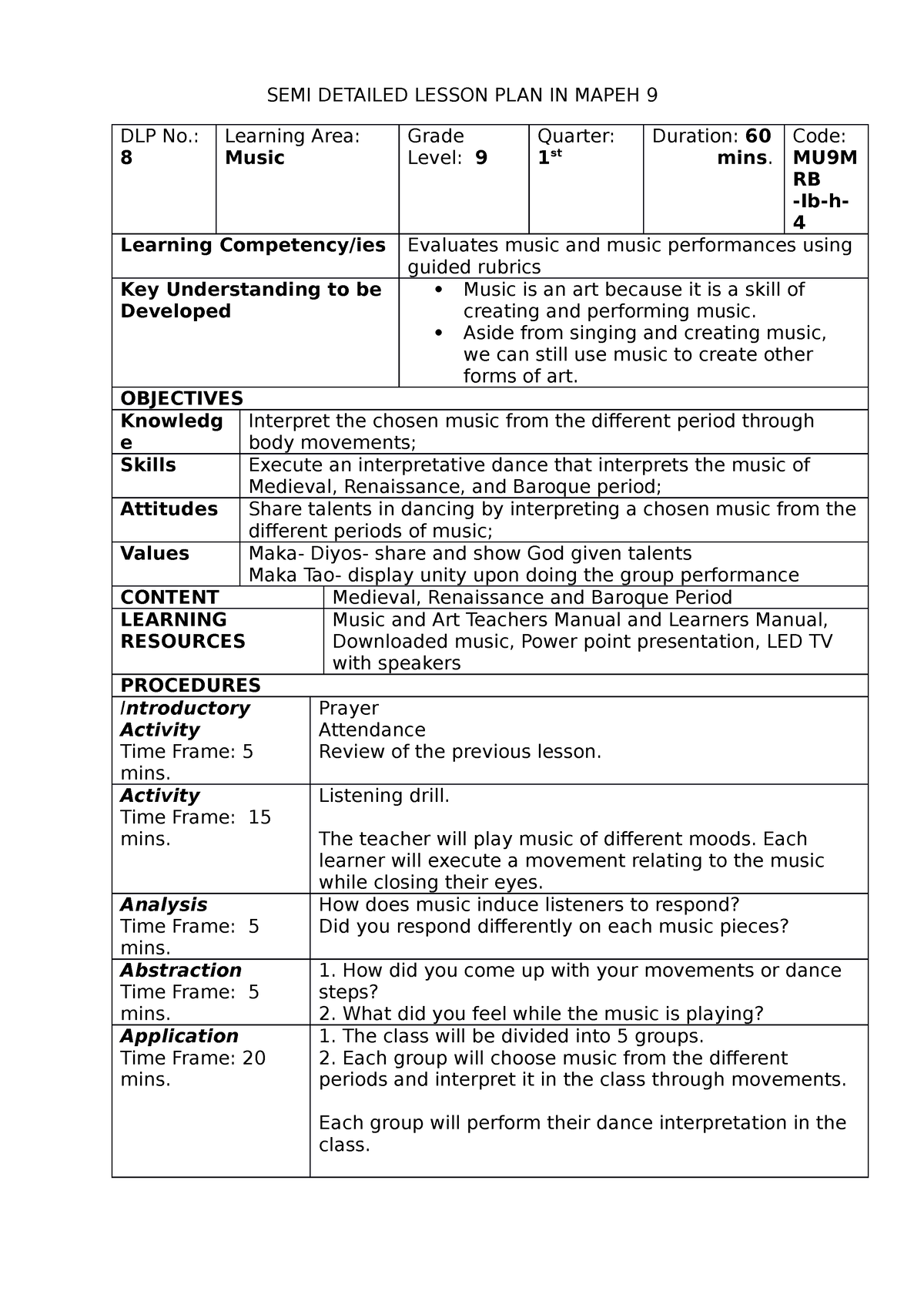 Music-9 Q1 L8 MELCs - SEMI DETAILED LESSON PLAN IN MAPEH 9 DLP No.: 8 ...