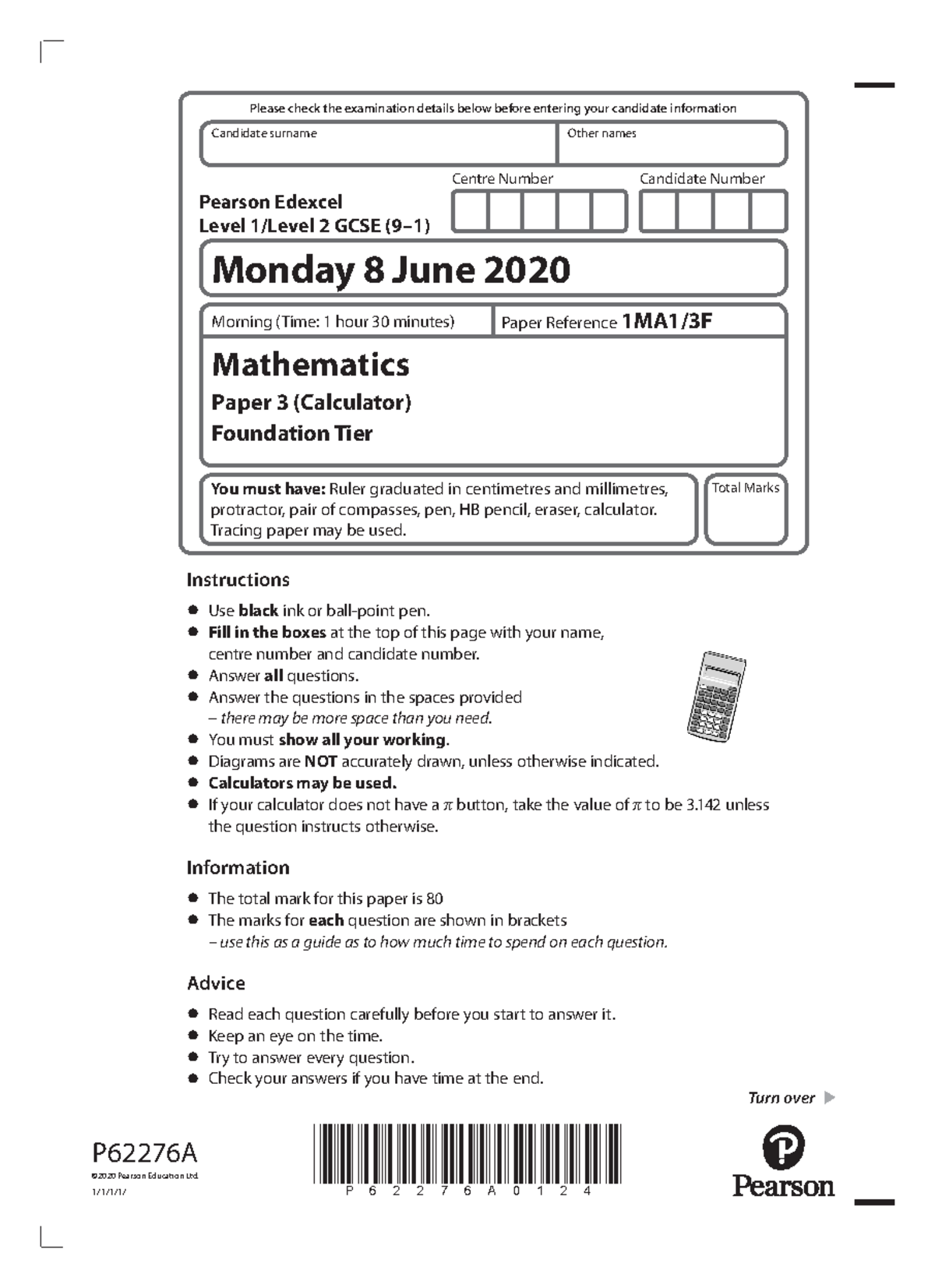 3F2020 - Edexcel GCSE Math Paper 3 Foundation Past Paper - Please check ...