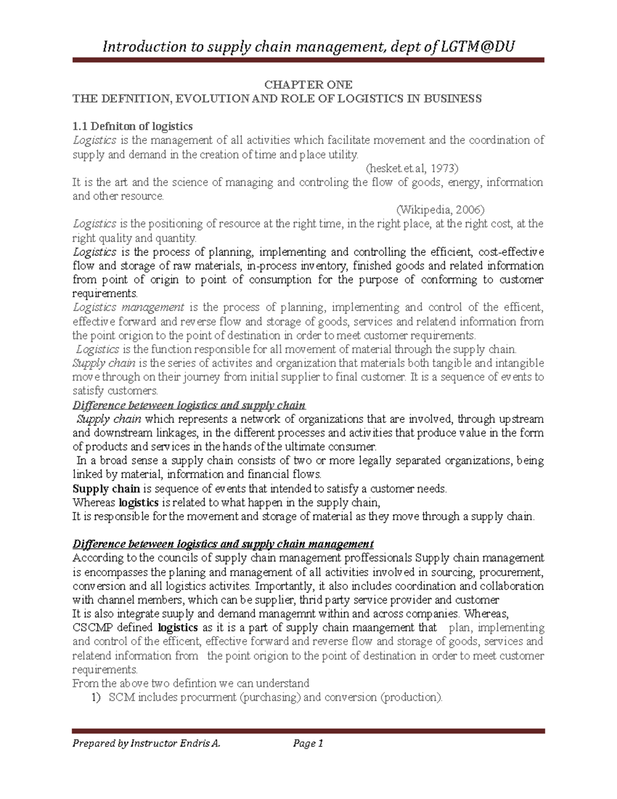 Introduction Supply chain management and logistics - CHAPTER ONE THE ...