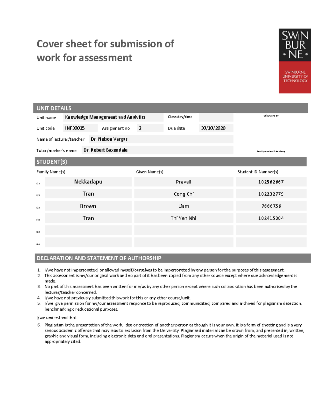 Inf30015 Assignment Revised - Cover Sheet For Submission Of Work For 